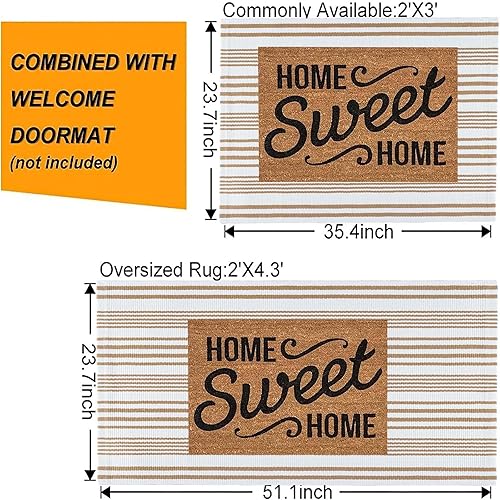 Miniatura 3 de Alfombra de exterior a rayas color caqui y blanco, de 24 x 51 pulgadas, tejida a mano, lavable a máquina, para interiores y exteriores, para