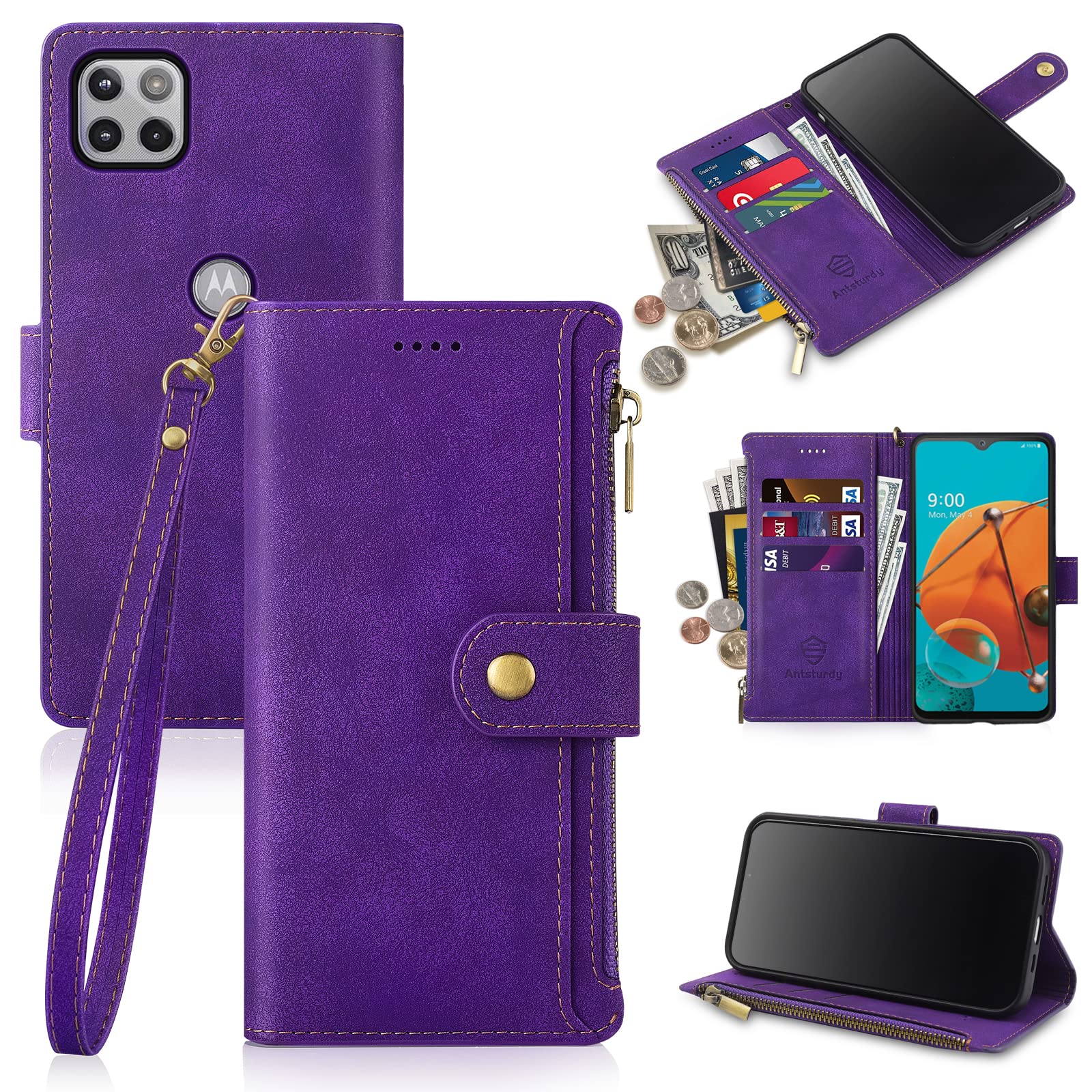 Antsturdy Motorola One 5G Ace 2021 Wallet case with Card Holder for Women Men,Motorola One 5G Ace 2021 Phone case RFID Blocking PU Leather Flip Cover with Strap Zipper Credit Card Slots,Purple
