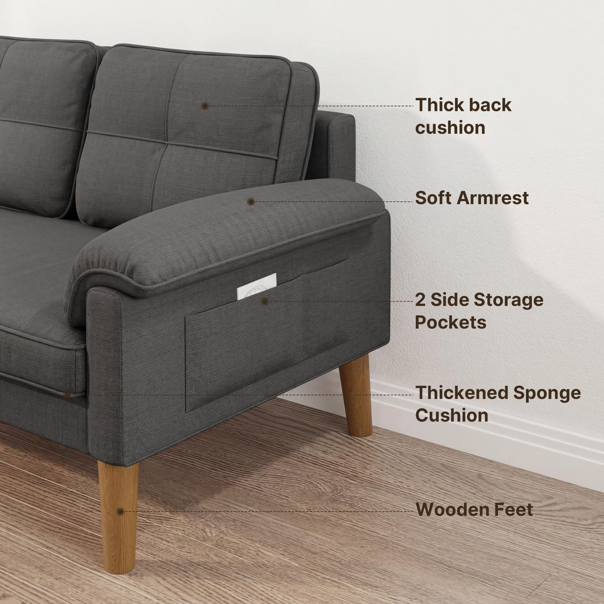 Xbro Divano a 2 Posti con Braccioli e Tasche Laterali, Piccolo Divano in Tessuto per Soggiorno, Appartamento, Ufficio, Facile da Montare, 145 x 77 x 77 cm, Grigio Scuro
