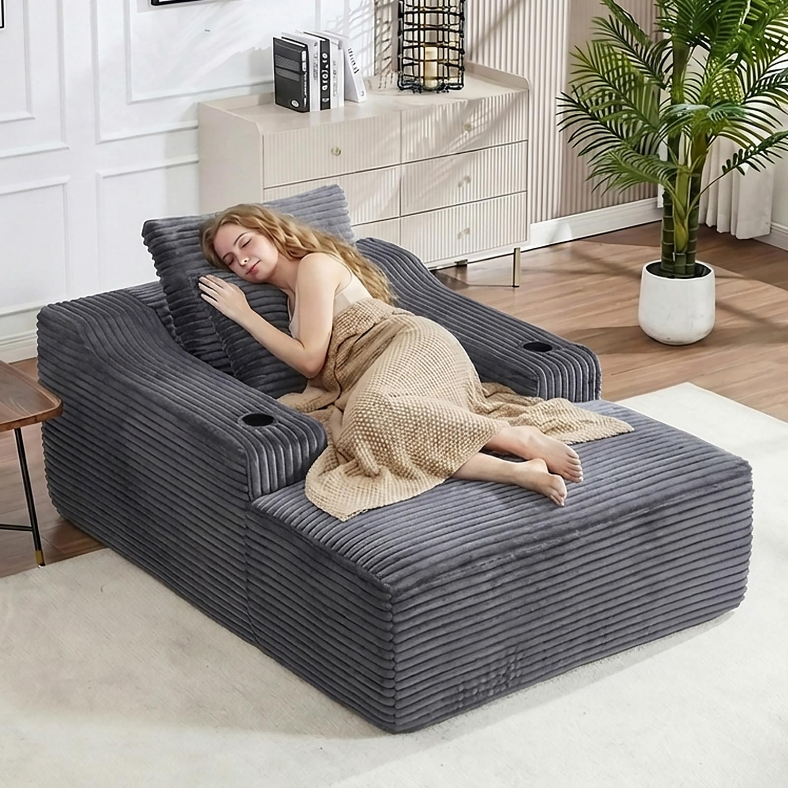 67" Oversized Chaise Lounge Chair Indoor, Soft Boneless Cloud Couch Chair with Wide Armrest Pillows and Cup Holders, Comfy Corduroy Sofa Bed Sleeper Couch for Living Room No Assembly Require,Dark Grey