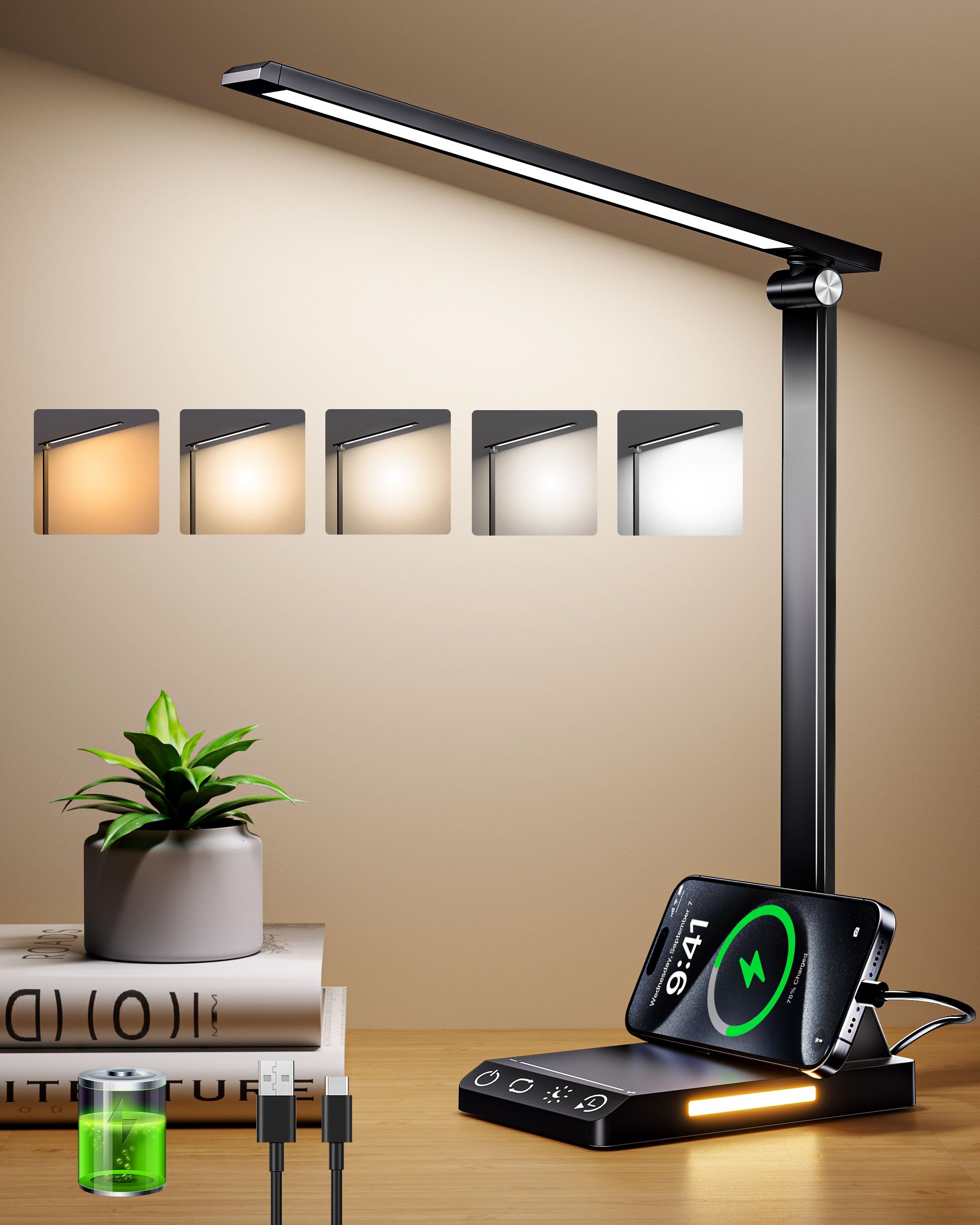 TOPPLEE Desk Lamp, 5 Color Temperature Rechargeable Battery Operated LED Lamp Stepless Dimming Touch Control Eye-Caring Reading Table Timer Night Lamp for Bedroom, Office, Dormitory (Black)