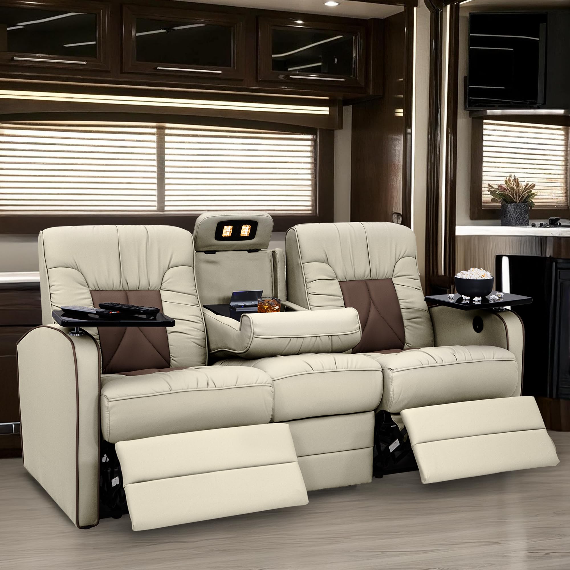 De Leon RV Double Recliner Sofa, Ultimate Leather, Heat and Massage, Power Recline, Bisque &amp; Light Antelope