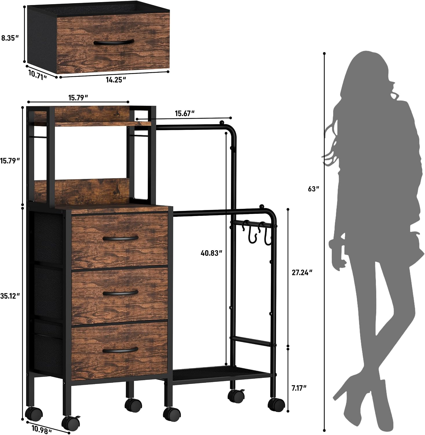 Dresser with Double Hanging Clothes Rack and Wheels, 3 Fabric Drawers Small Closet Dresser for Bedroom, Sturdy Storage Chest of Drawers with Extra Shelf for Bedroom Living Room Entryway, Rustic Brown