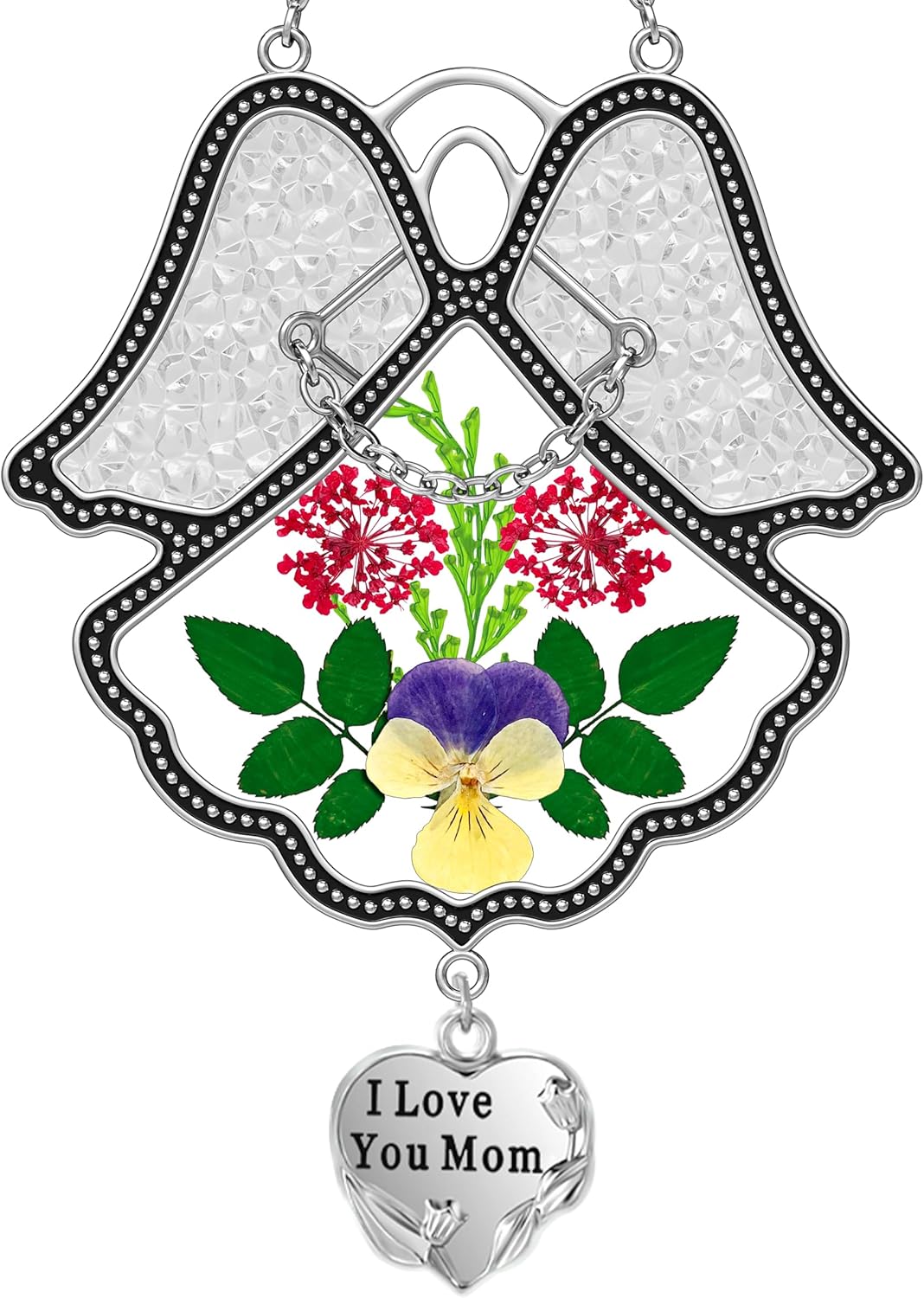 KY&BOSAM Angel Suncatcher I Love You Mom Stained Glass Panels Suncatchers for Windows Wind Chime with Pressed Flower Glass and Metal Heart Charm Birthdays Gift for Mom Mothers Day Valentines Christmas