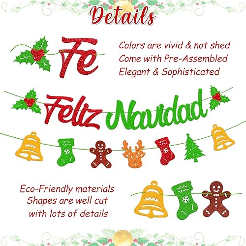 Miniatura 2 de 25 piezas de decoraciones de fiesta de Feliz Navidad, pancarta española de Feliz Navidad, guirnalda de acebo para festival de invierno, vacaciones