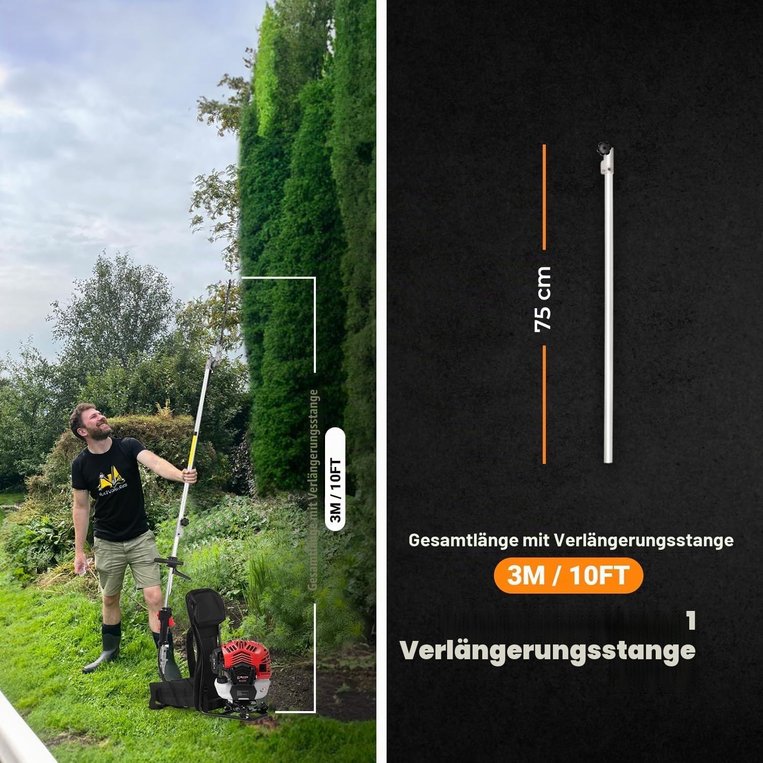 BU-KO 52cc Rucksack-Multifunktions-Gartengerät mit langem Arm: Freischneider und Motorsense, verlängerbare Heckenschere, Hochentaster-Kettensäge, Rasentrimmer, 3X Verlängerungssta