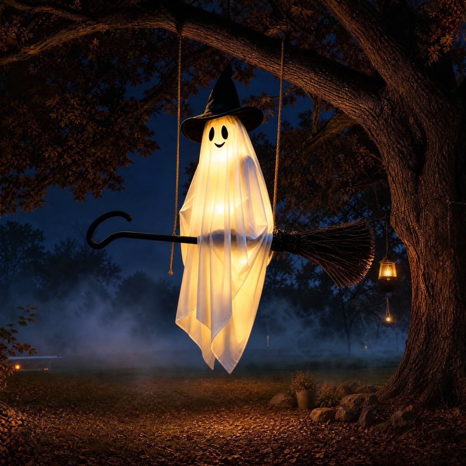 Decoración Colgante Luminosa de Halloween: Fantasma con Sombrero de Bruja Montando una Escoba, con Luces LED cálidas. Ideal para Interiores y Exteriores, porches, Jardines, Patios,