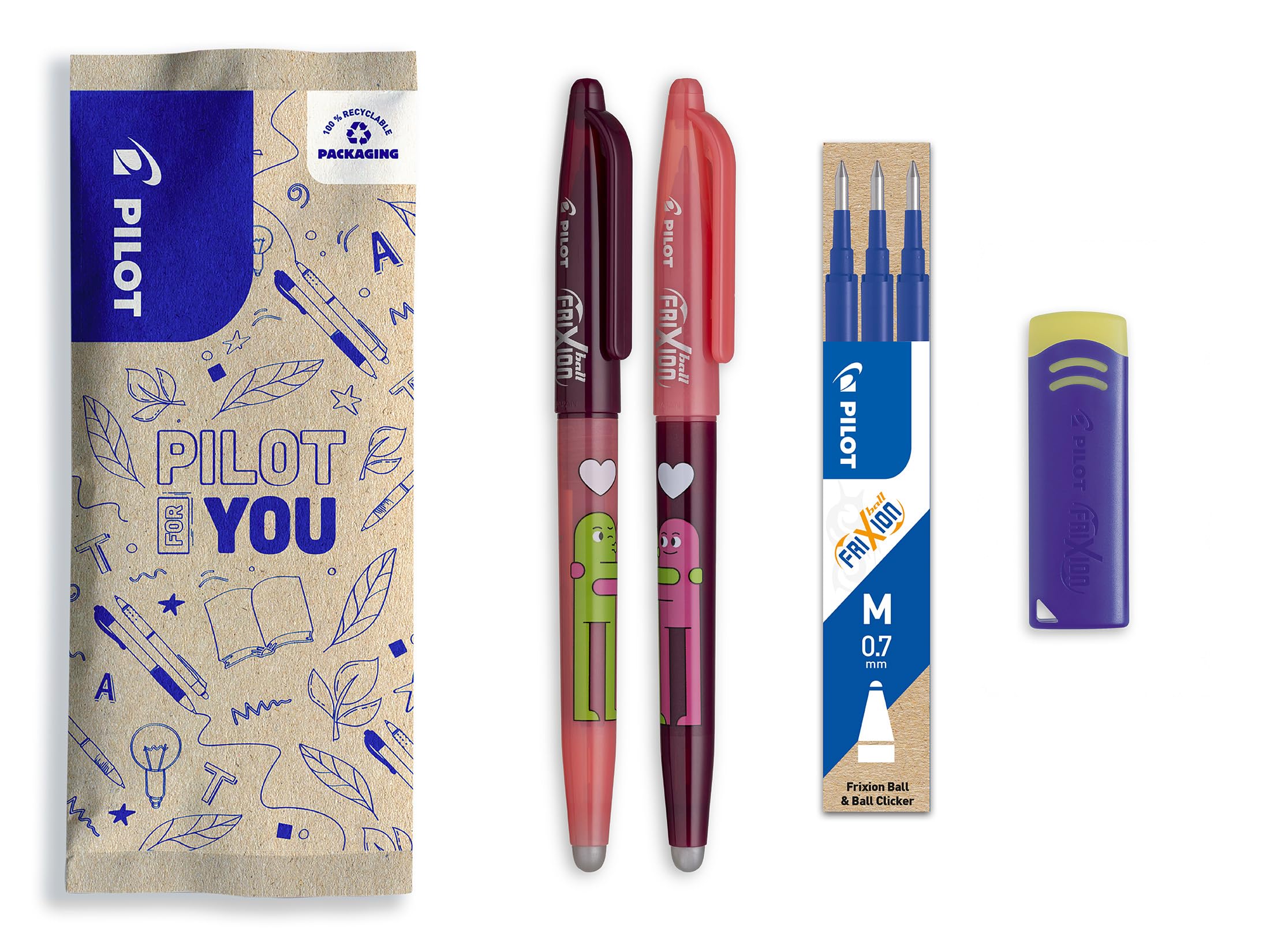 PILOT - Set of 2 FriXion Ball + 3 Refills + Free Eraser - Cute Erasable Pens - Limited Edition Friends, Friendship Pen - Refillable - Blue Ink - Medium Tip