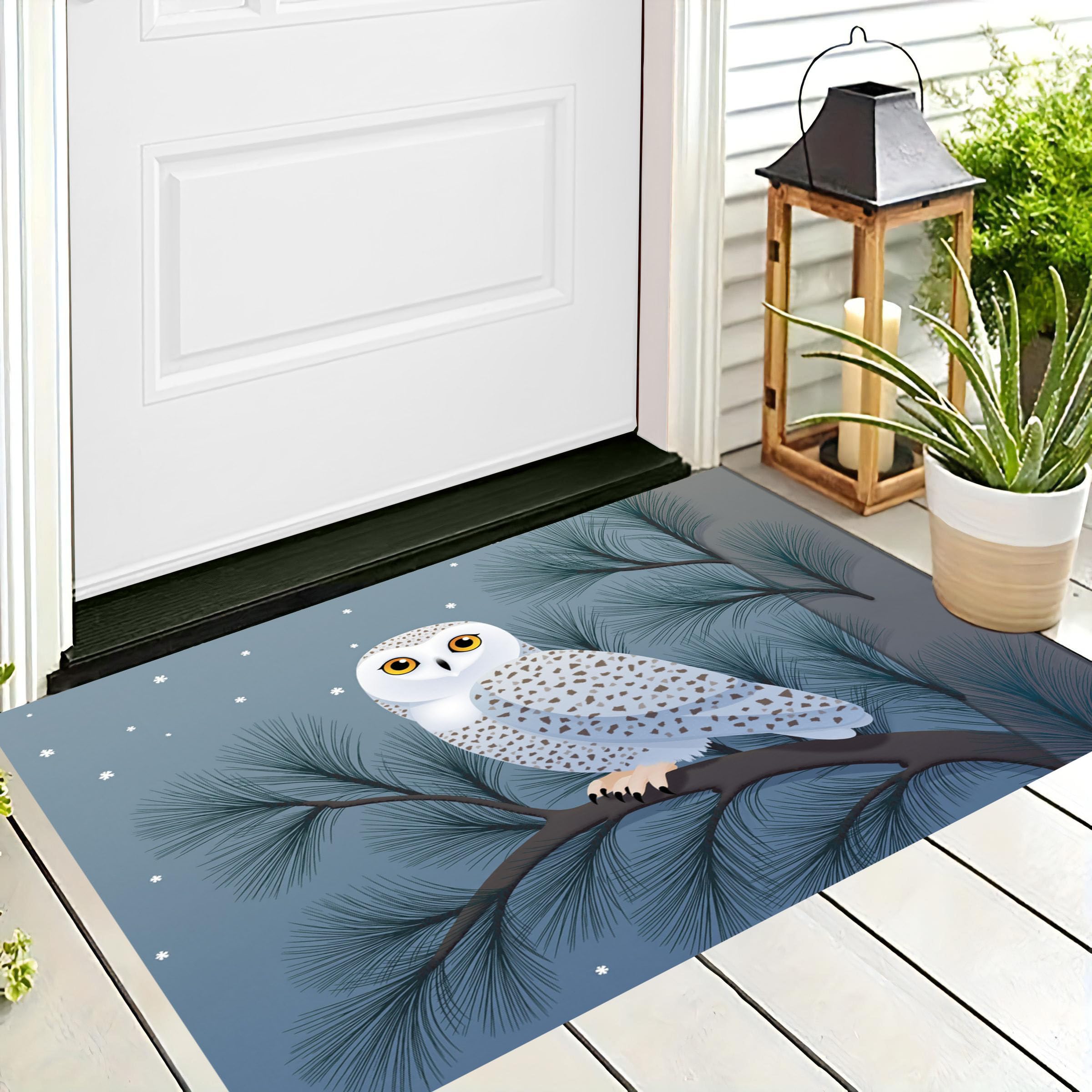 Fußmatte Innen 80x120cm, Schneeeule rutschfeste Fußmatte für den Innenbereich, Einfacher Winter-Cartoon Fußabtreter Türmatte wasserabsorbierende Schmutzfangmatte, Graulich-Weiß
