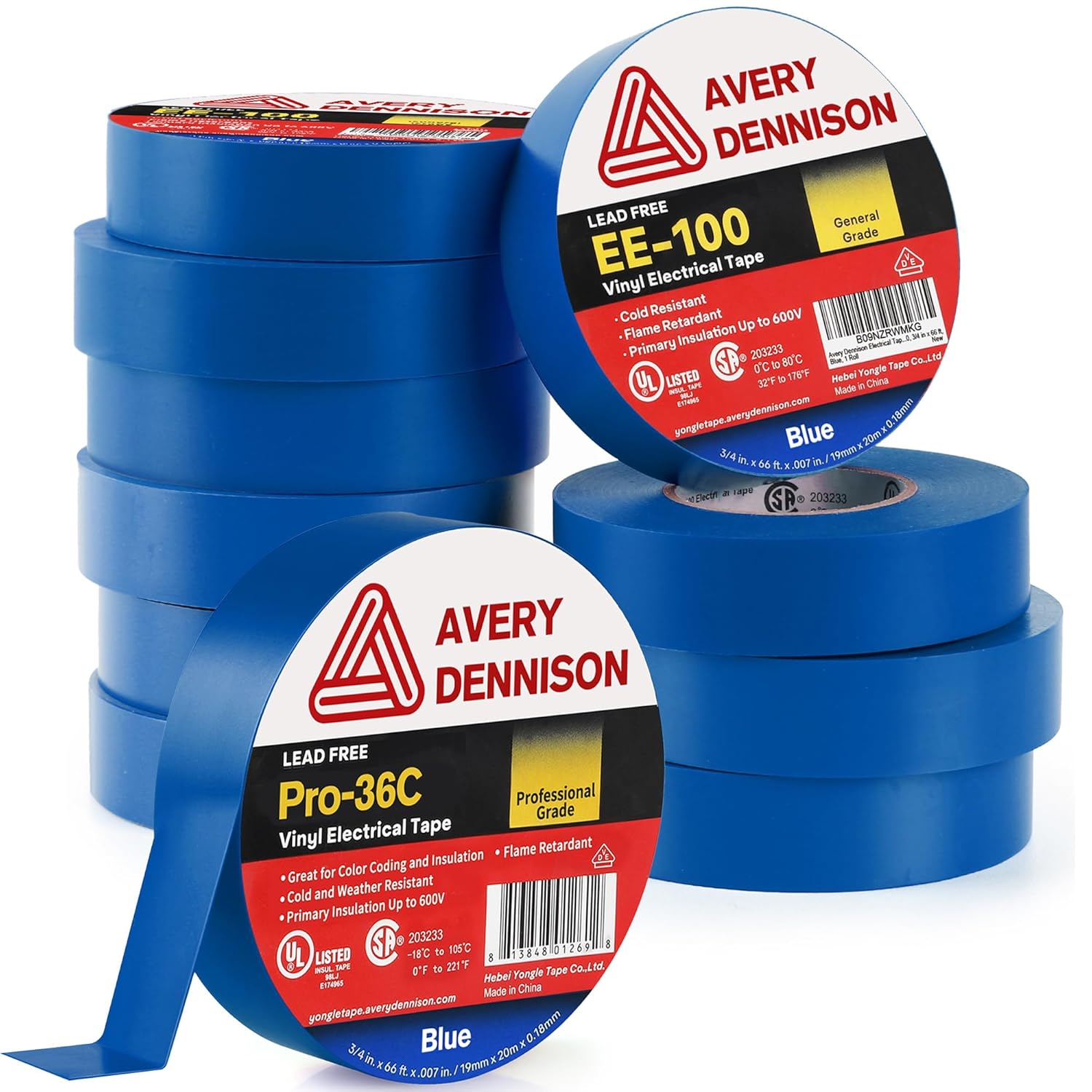 Avery Dennison Electrical Tape, General Use/Professional Grade PVC Electric Tape, UL/CSA Listed Vinyl Tape, 10 Rolls ¾ in x 66 ft Blue(EE-100) + 1 Roll ¾ in x 66 ft Blue(Pro-36C)