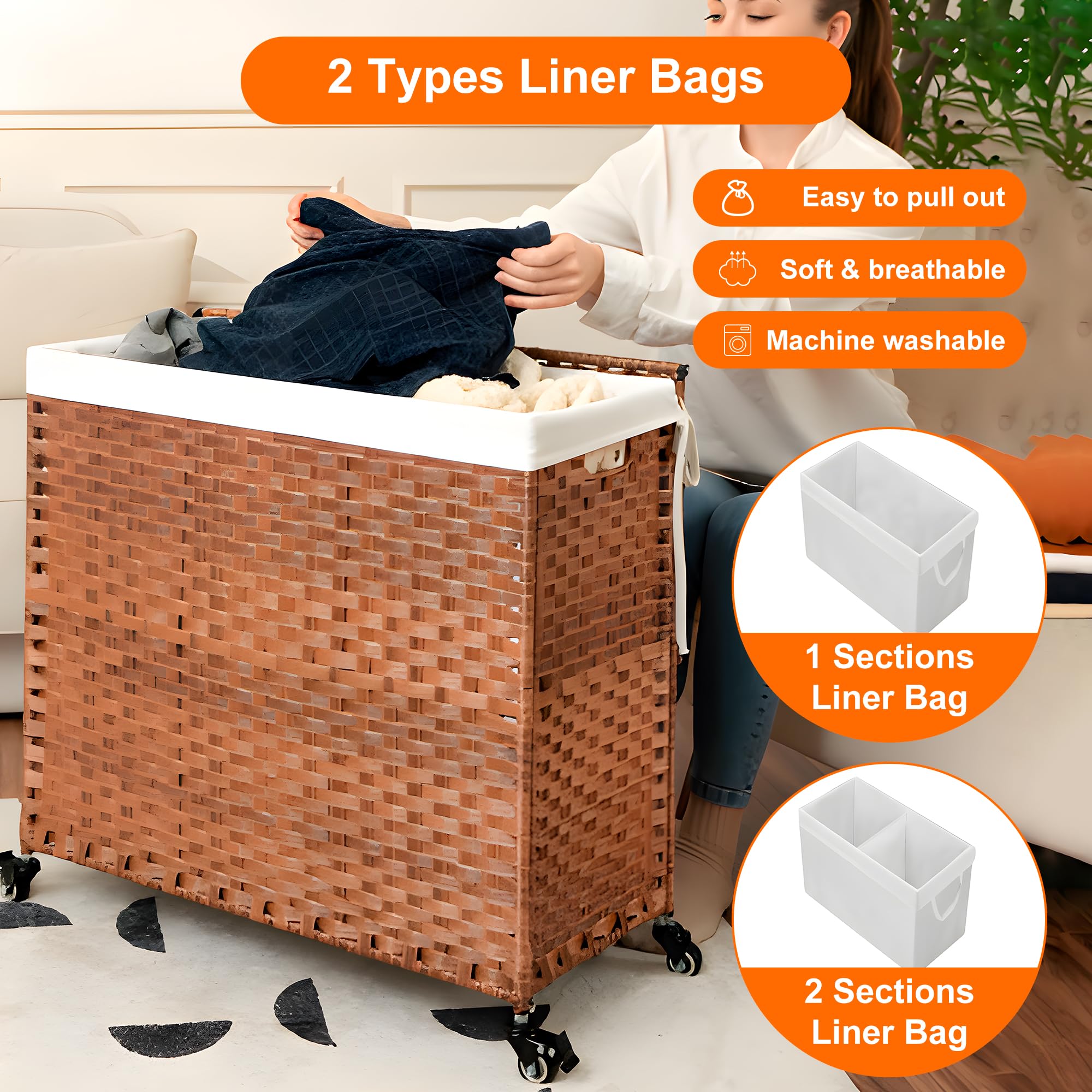 HYCHIKA - Cesto portabiancheria con coperchio e ruote, 160 l, cesto portabiancheria in vimini con borse e manici rimovibili, cesto in tessuto a 2 sezioni per camera da letto e bagno (70 x 34 x 67 cm)