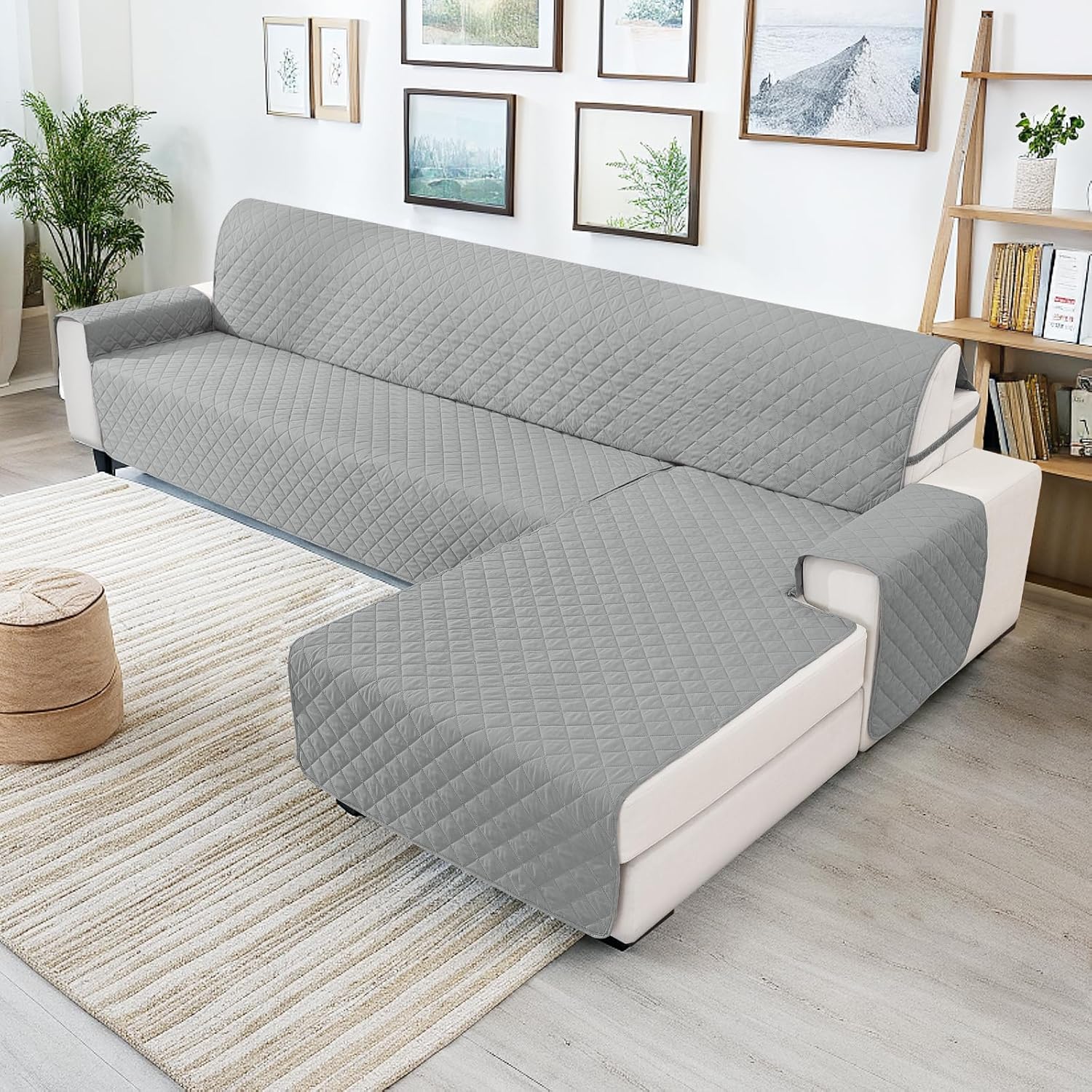 Copridivano Impermeabile 3 Posti Con Penisola, Copridivano Angolare Con Penisola Sinistra/Destra Reversibile, Con Braccioli, Universale, Antigraffio, Antiscivolo, Grigio Chiaro