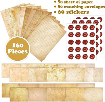 160 Packs Stationery Paper Set (50 Single-Sided Stationery Writing Papers 50 Matching Envelopes) 60 Round Dot Sticker, 10 Design Vintage Airmail Stationary Kit Letter Paper,5.5 x 8.25 Inch.