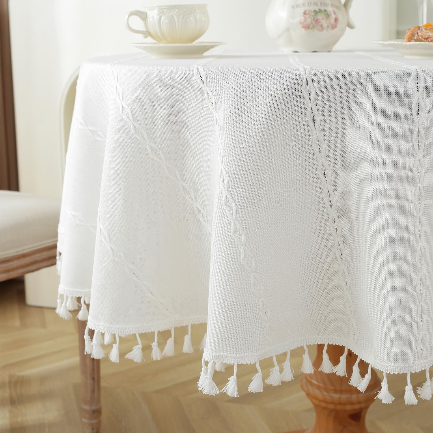 Laolitou Round Tablecloth 48 Inch - White Embroidery Tassel Table Cover, Wrinkle-Free Cotton Blend For Dining, Wedding & Parties - View #8