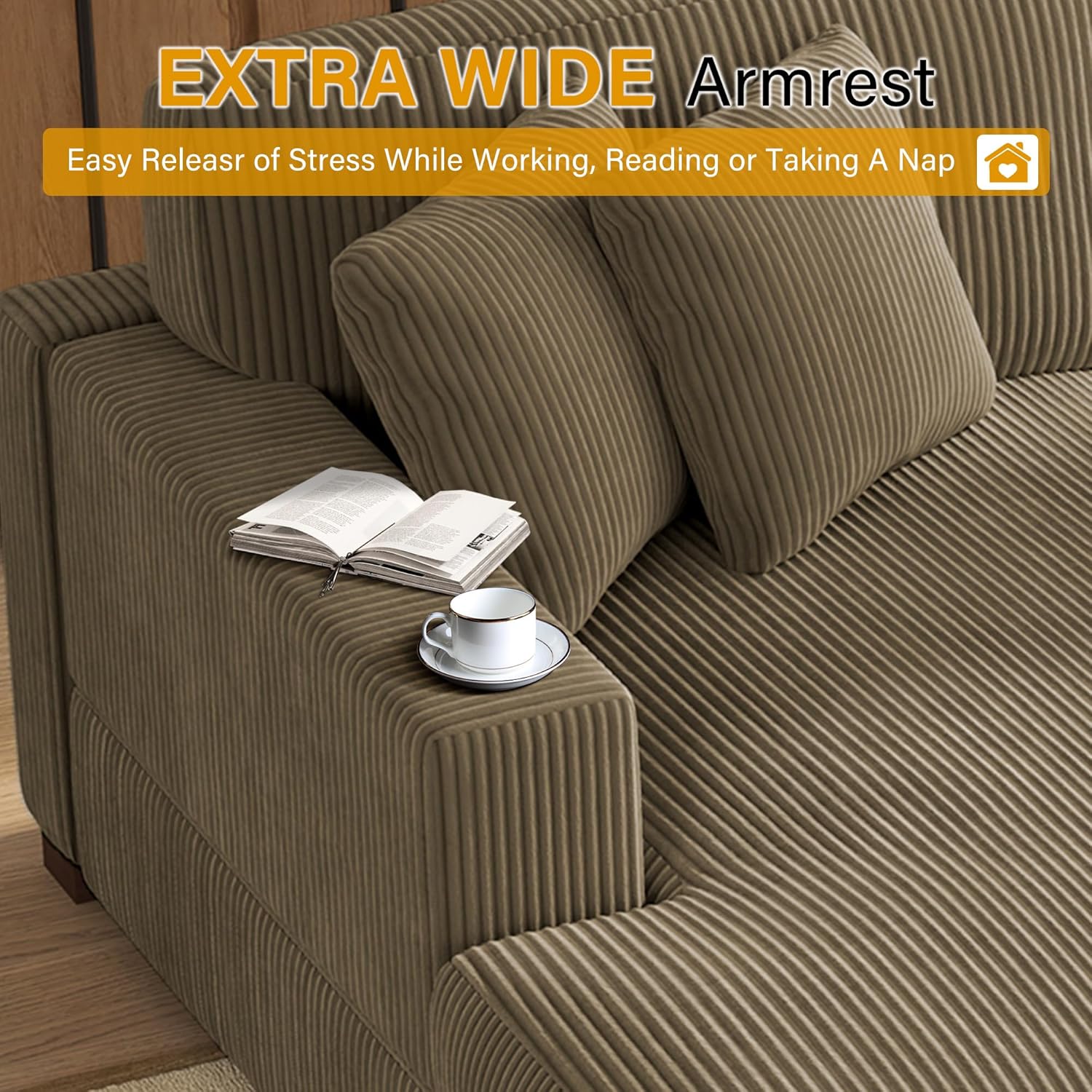 UIXE Chaise Lounge Chair Indoor, Oversized Upholstered Sofa Bed for Living Room, Corduroy Sleeper Couch Comfy Recliner Bedroom Reading Seat - Camel, Left Armrest