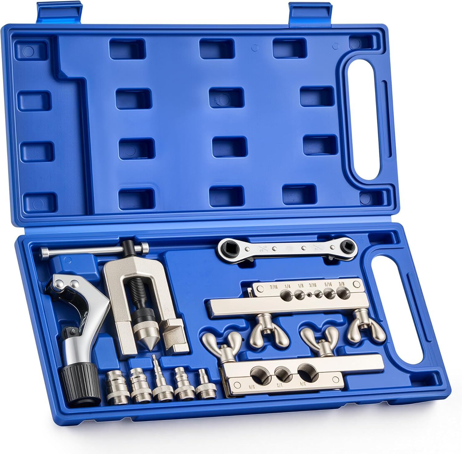 Orion Motor Tech Single Flaring Tool & Swaging Tool Kit for HVAC Tubing, 45 Degree 1/8" - 3/4" Flare Tool Kit with Swaging Adapters, Tube Cutter & Ratchet Wrench, Single Flare Tool for Soft Metals