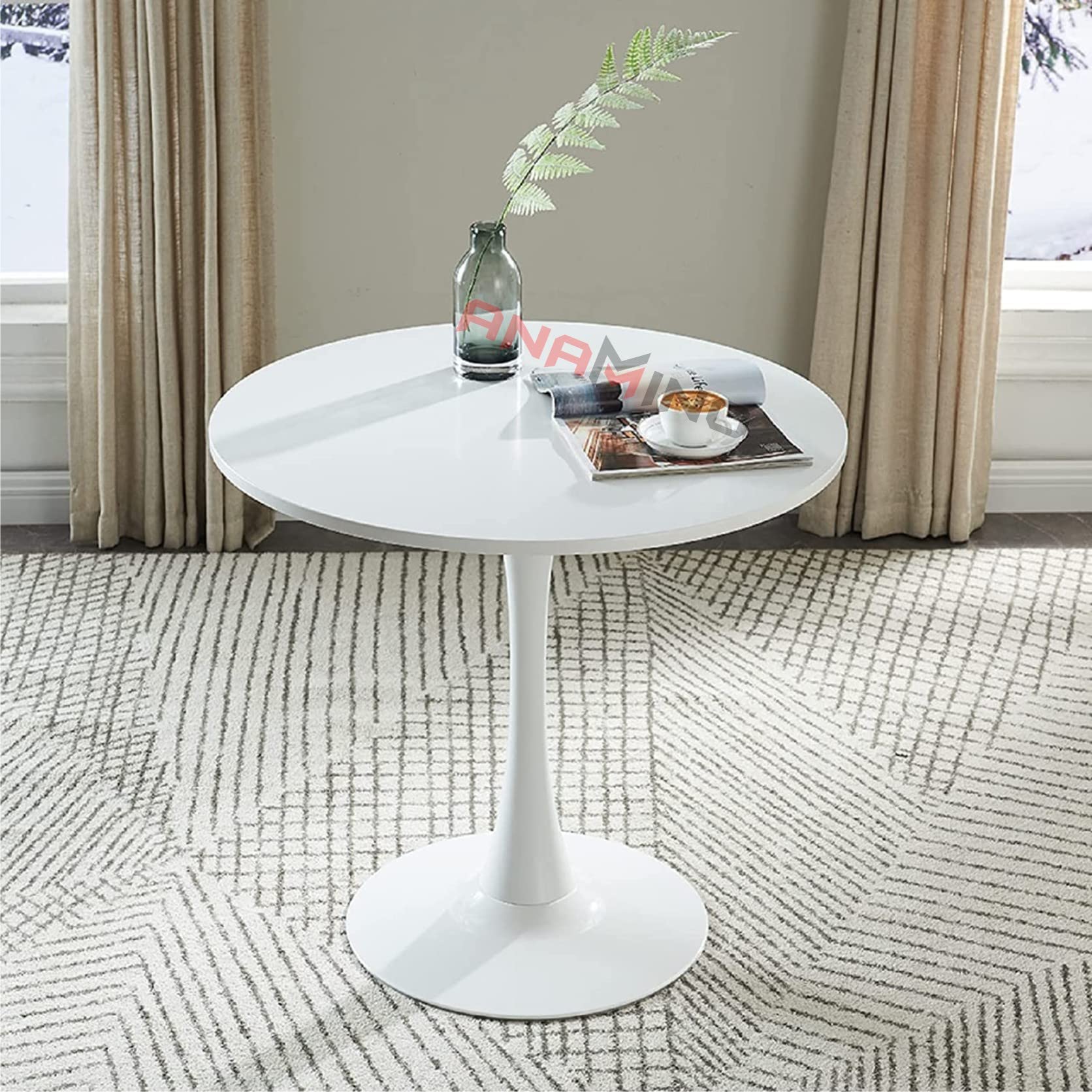 Anamino Shoppee Round Dining Table with Wooden Top for Kitchen Bar Patio and More, Modern Big Coffee Table Living Room Accent Table with Tulip Style-White