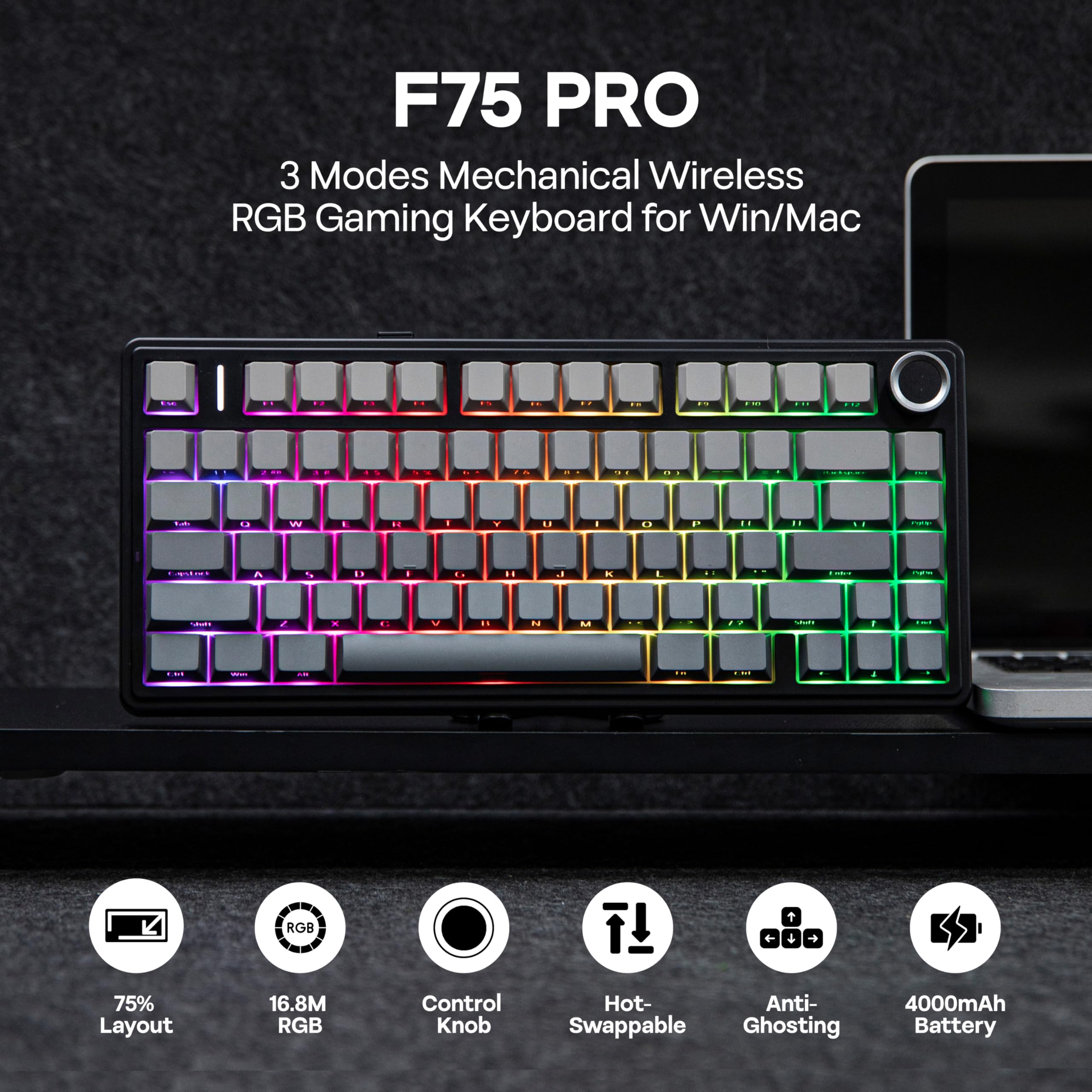 MechLands Aula F75 PRO - Teclado gaming inalámbrico 75%, teclado mecánico personalizado con montura Gasket y acolchado de cinco capas, Bluetooth/2.4GHz/USB-C, intercambiable en caliente, perilla, RGB