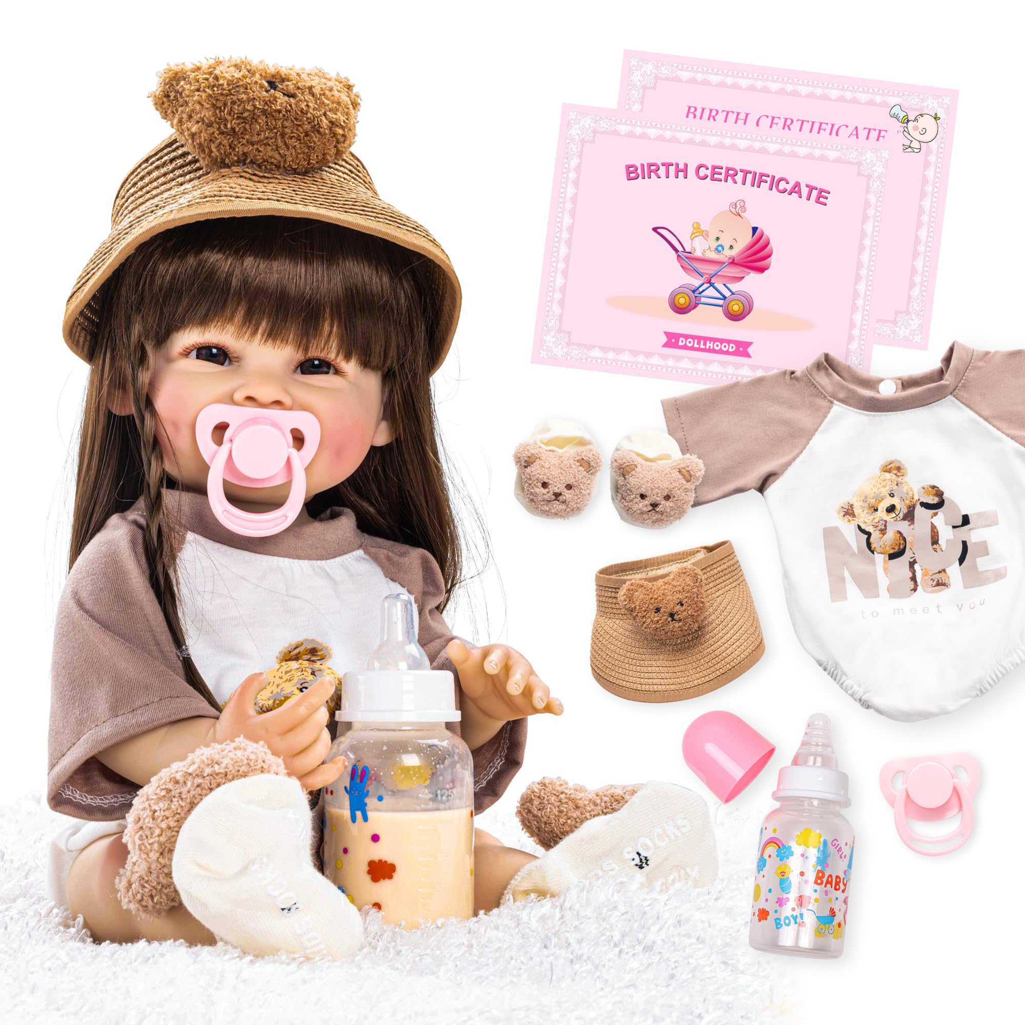 DOLLHOOD Realistic Baby Doll Girl - 18-Inch Real Life Silicone Baby Doll with Movable Arms and Legs - Lifelike Reborn Baby Dolls - Silicone Full Body Baby Reborn Dolls with Accessories, Gift for Kids