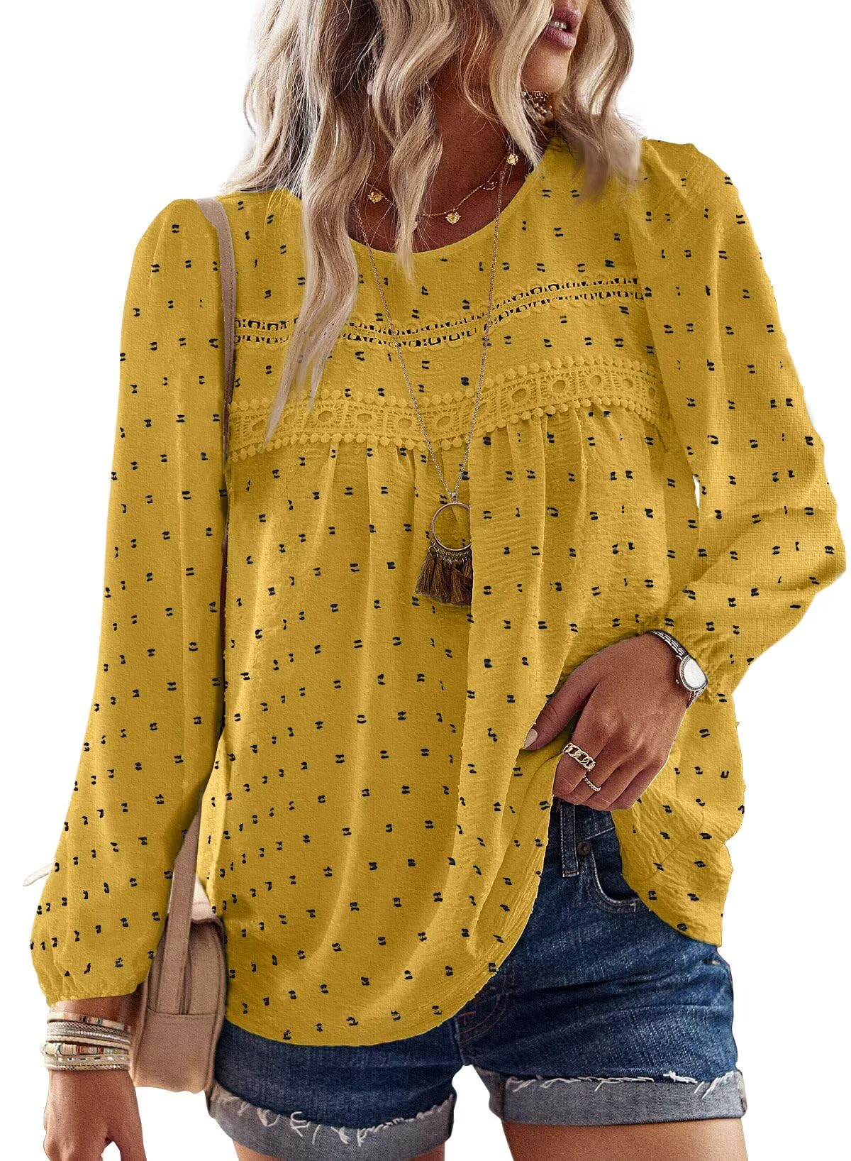 Falechay Womens Tops Flowy Boho Dressy Casual Lace Cute Long Sleeve Shirts