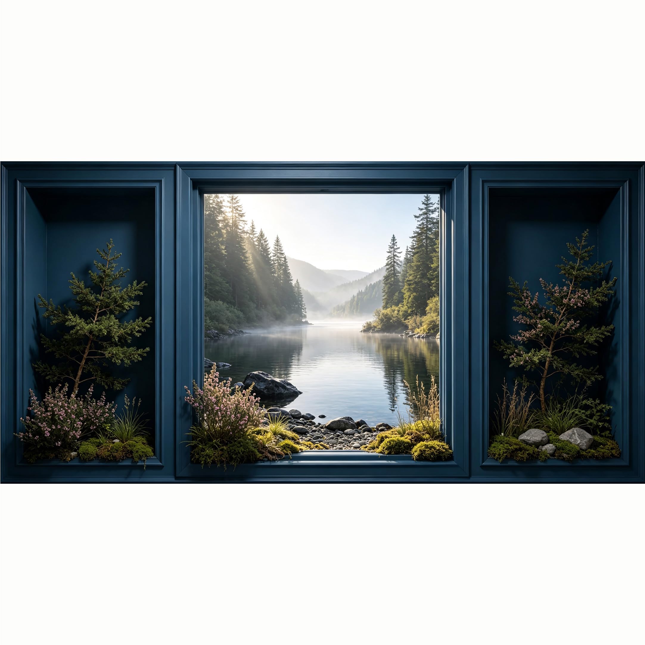 QZLITHOTIC 50x100cm 3D Framed Wall Art， Misty Lake Mountain Forest Self‑Adhesive Mural， Water‑Activated Peel & Stick Fabric Decor Wall Decal for Bedroom Living Room