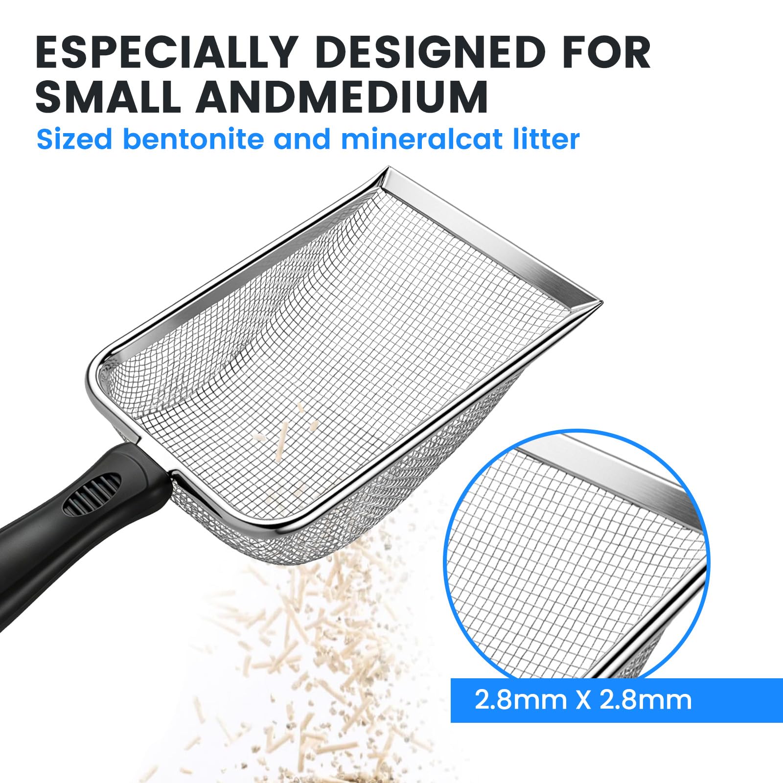 SmartTail Cuchara de arena para gatos, pala de arena de malla fina de acero con agujero de 2,8 mm, limpiador de arena para reptiles, pala profunda para gatos, pala de arena para gatos, cuchara de