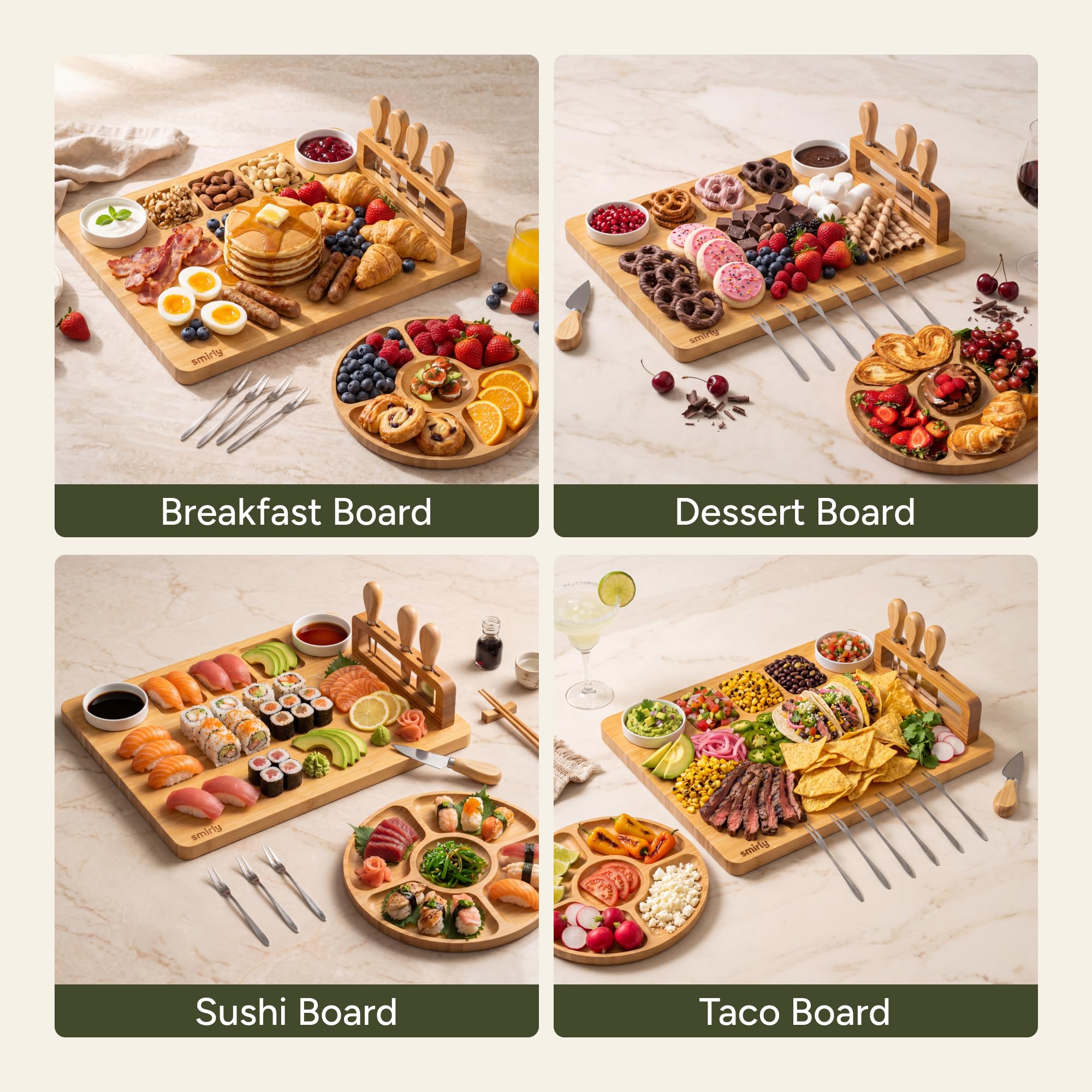 SMIRLY Tabla De Quesos Y Juego De Cuchillos: Tabla De Charcutería, Tabla De Quesos, Tabla De Quesos De Bambú Con Cubiertos, Bandeja De Quesos, Tabla De Quesos De Madera