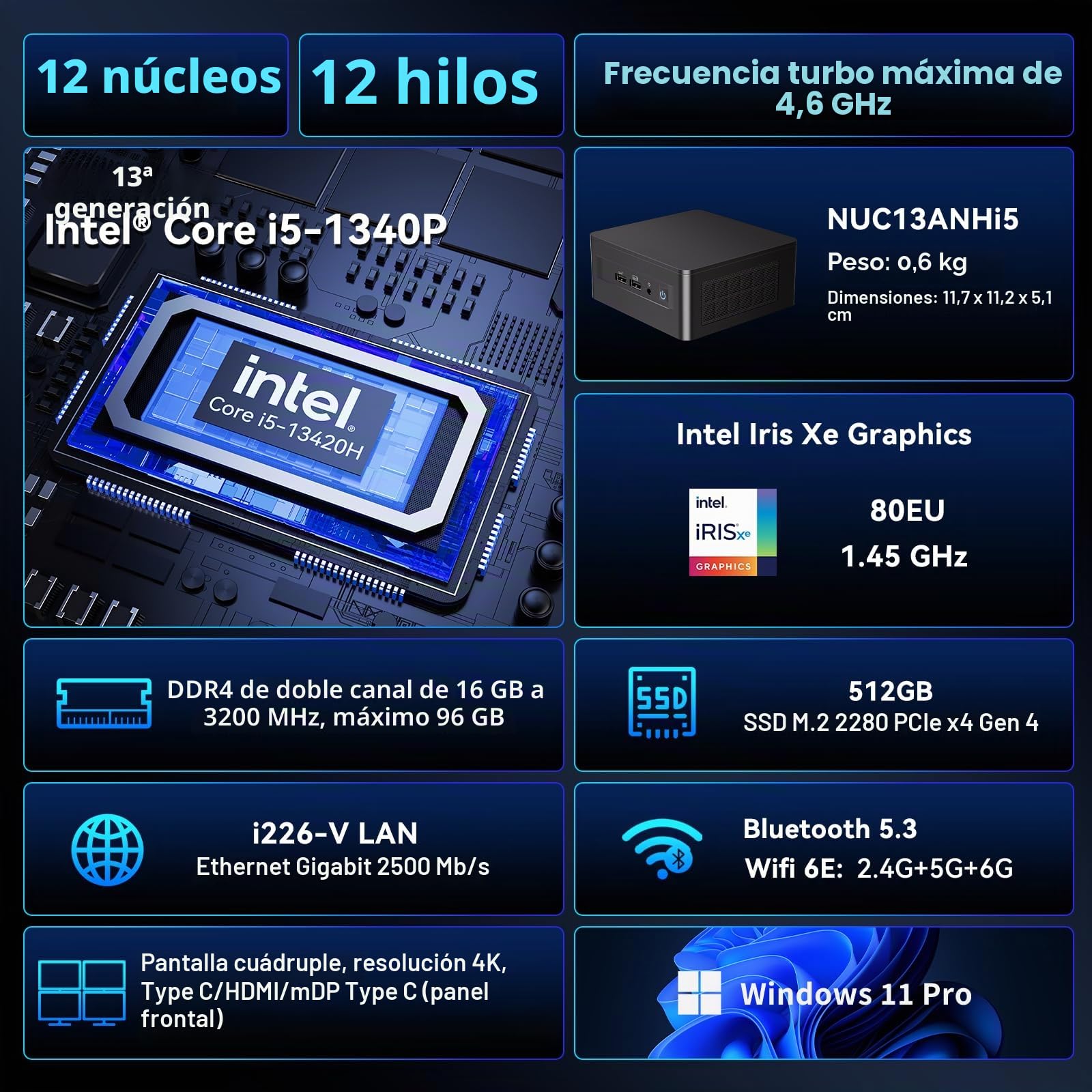 Intel NUC 13 Pro NUC13ANHi5 Arena Canyon, 16GB RAM 512GB SSD, Intel Core i5-1340P, Win 11 Pro Mini computadora de Escritorio, 8K/4K UHD, Gigabit Ethernet/WiFi-6/VESA para