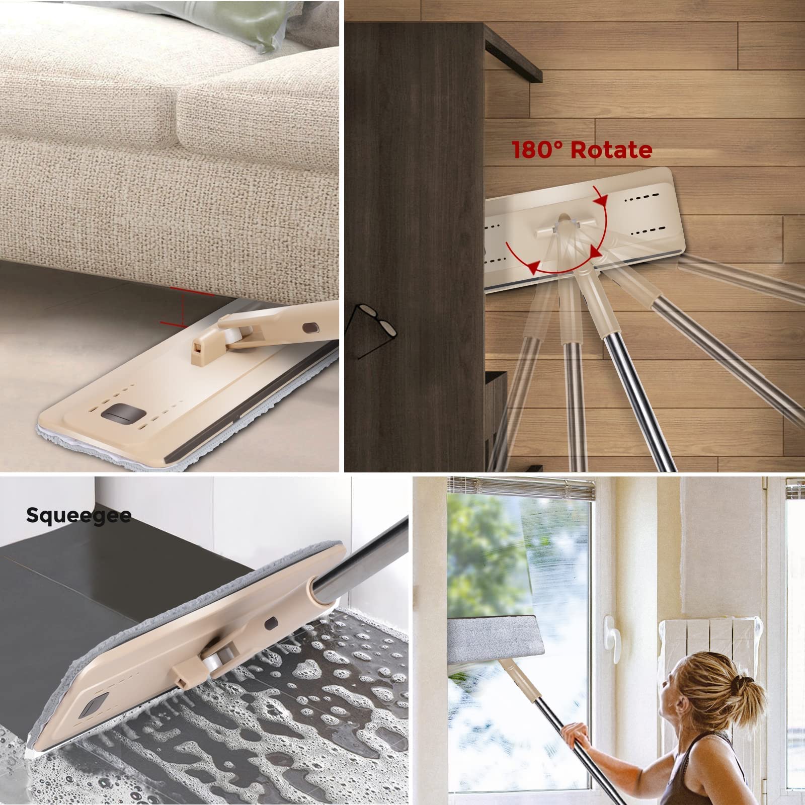 Mocio Lavapavimenti e Secchio Strizzatore, Masthome Mocio Piatto Professionale,Mocio in Microfibra con Secchio,per Lavaggio Pavimenti,Strizzatura a Mani Libere,con 6 Panni Riutilizzabili,Beige
