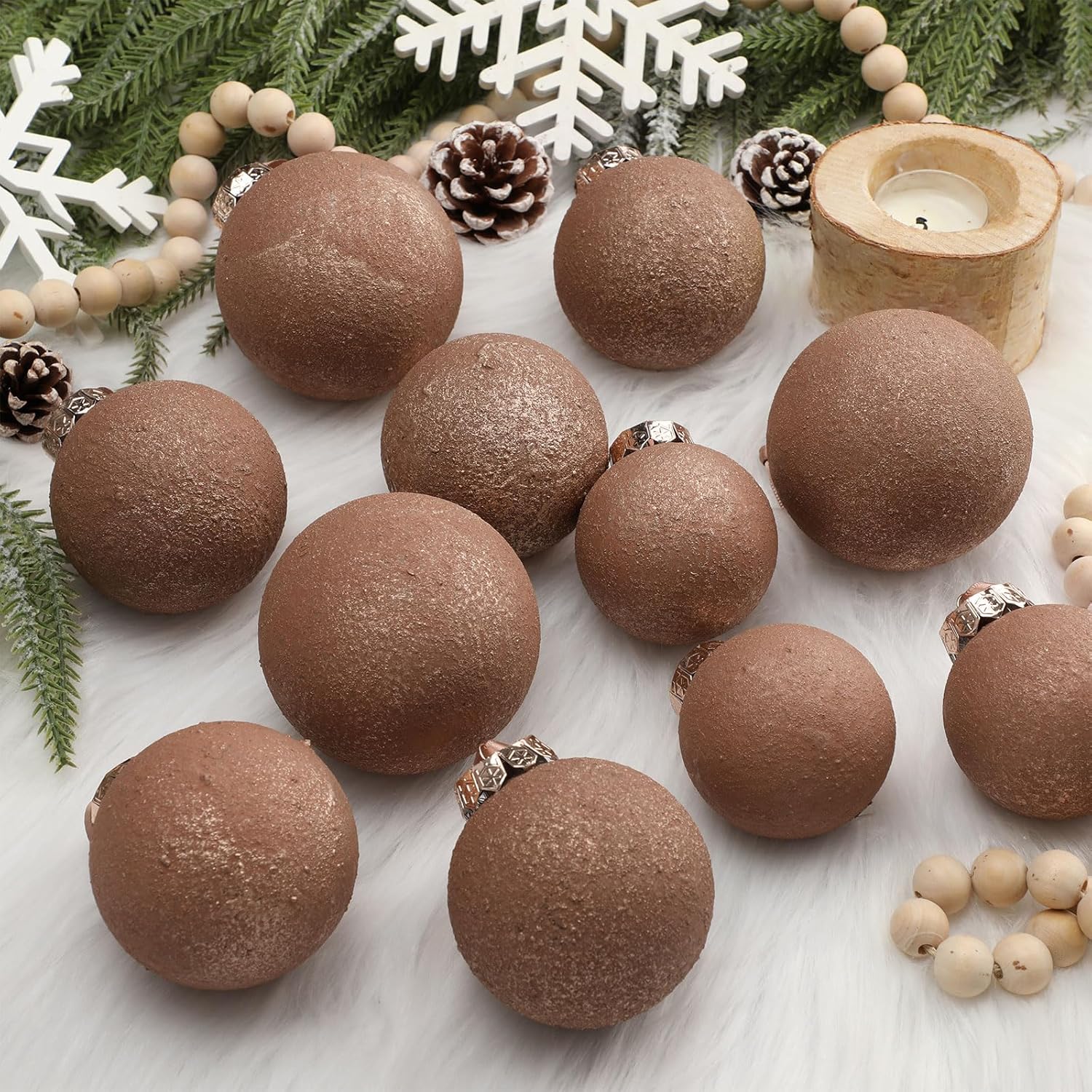 Yunlly 18 Pcs Textured Christmas Ball Ornaments 2.36'' 2.76'' 3.15'' Neutral Copper Ornament Modern Farmhouse Brown Hanging Christmas Decor Vintage Tree Decor for Xmas Shatterproof Home(Terracotta)