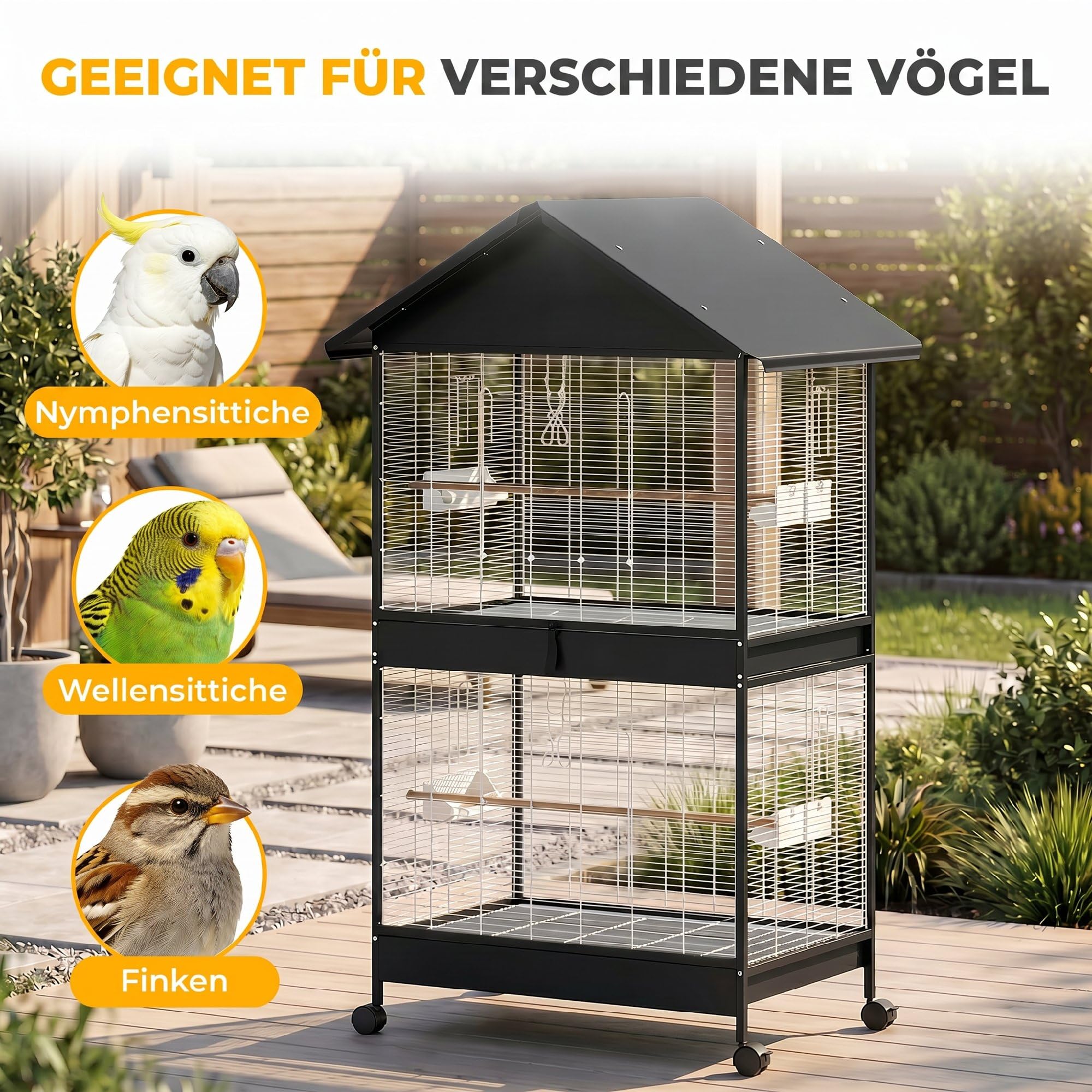 PawHut Vogelvoliere Groß Vogelkäfig mit Abnehmbar Trennwand 2 Türen 2 Holzstangen Rollen 2 Schalen 4 Futterspendern Vogelhaus XXL Vogelbauer für Wellensittiche Nymphensittiche Kanarien 94 x 70 x 158cm