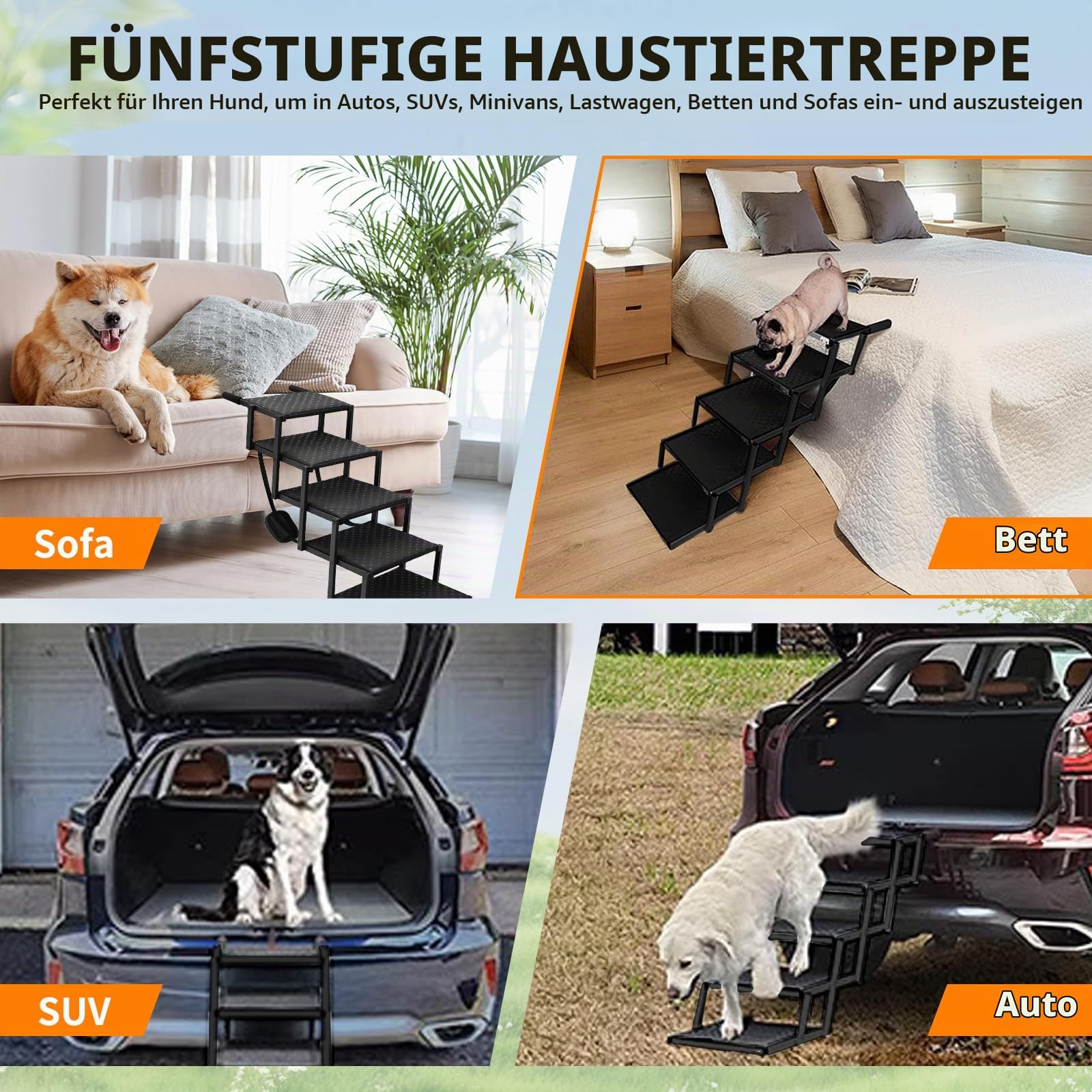 5 Stufen Hundetreppe Auto Klappbar – Hunderampe Unterstützung bis 100 KG mit Einstellbarer Höhe 44-72cm, Gelenkschonende Treppe für Kleine Mittlere Große Hunde rutschfeste Hundetreppe