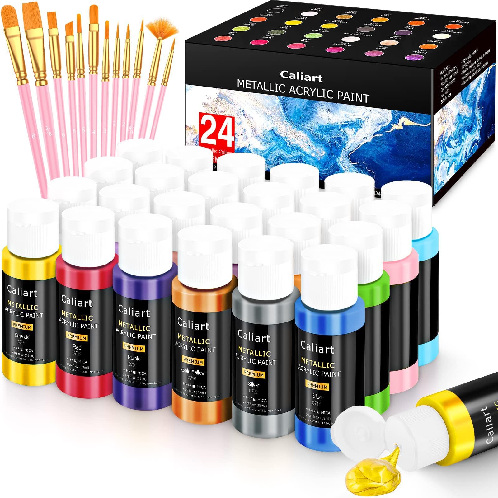 Caliart 24 Colors Acrylic Metallic Paint Set with 12 Brushes | Craft Painting kit for Adults Artists Beginners, Rich Pigment Non-toxic, Canvas Wood Rock Pumpkin Ceramic Art Supplies Paint