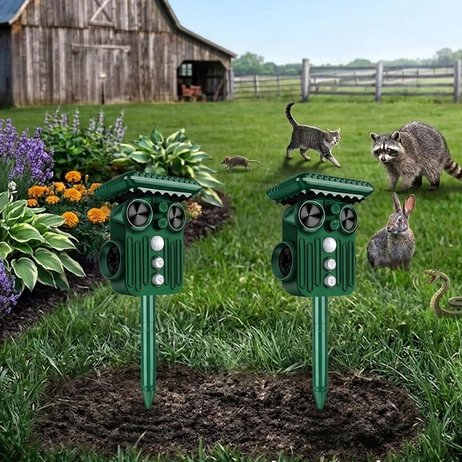 2Pcs Solar Powered Animal Deterent, Ultrasonic Animals Control Device with Motion Sensor and Vibration,Waterproof Cat Rodent Raccoon Repeller, Rabbit Snake Control Device for Yard Farm Garden(3)