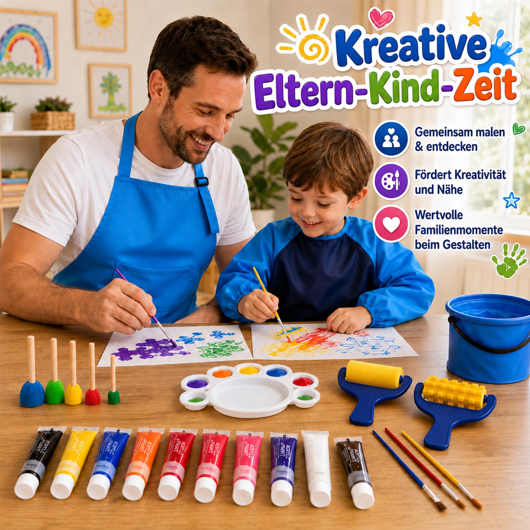 Fingerfarben Kinder Set, 12 Farben je 35ml, Waschbare Fingerfarben mit Pinsel, Mal-Schwämme, Malpalette, Falt-Eimer & Eltern-Kind Schürzen, Geschenk für Jungen 6-8 Jahre (Blau)