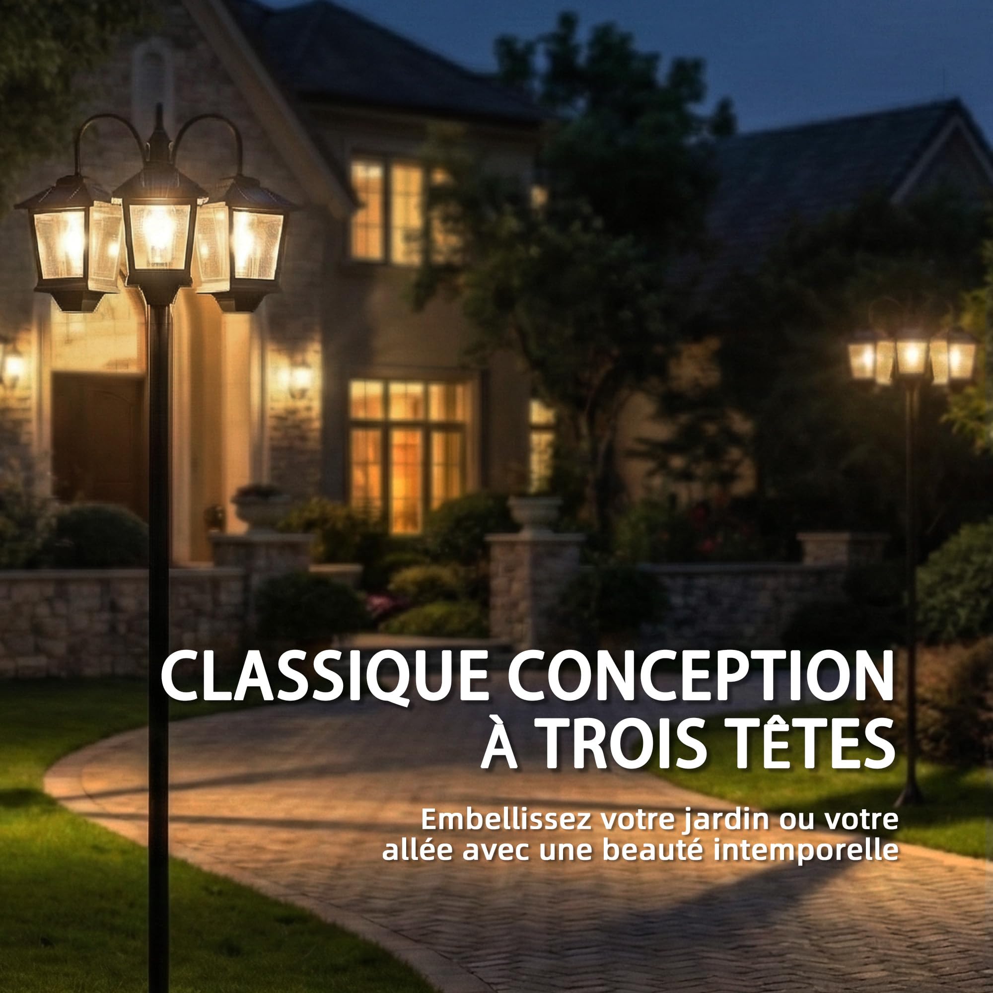Outsunny Lampadaire extérieur sur pied à 3 têtes LED IP44 188 cm Noir