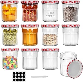 12Pcs 10oz Glass Jam Honey Storage Jars with Wide Mouth Airtight Sealed Lids Food Storage Containers for Preserves and Candy for Kitchen Organization 300ML (12)