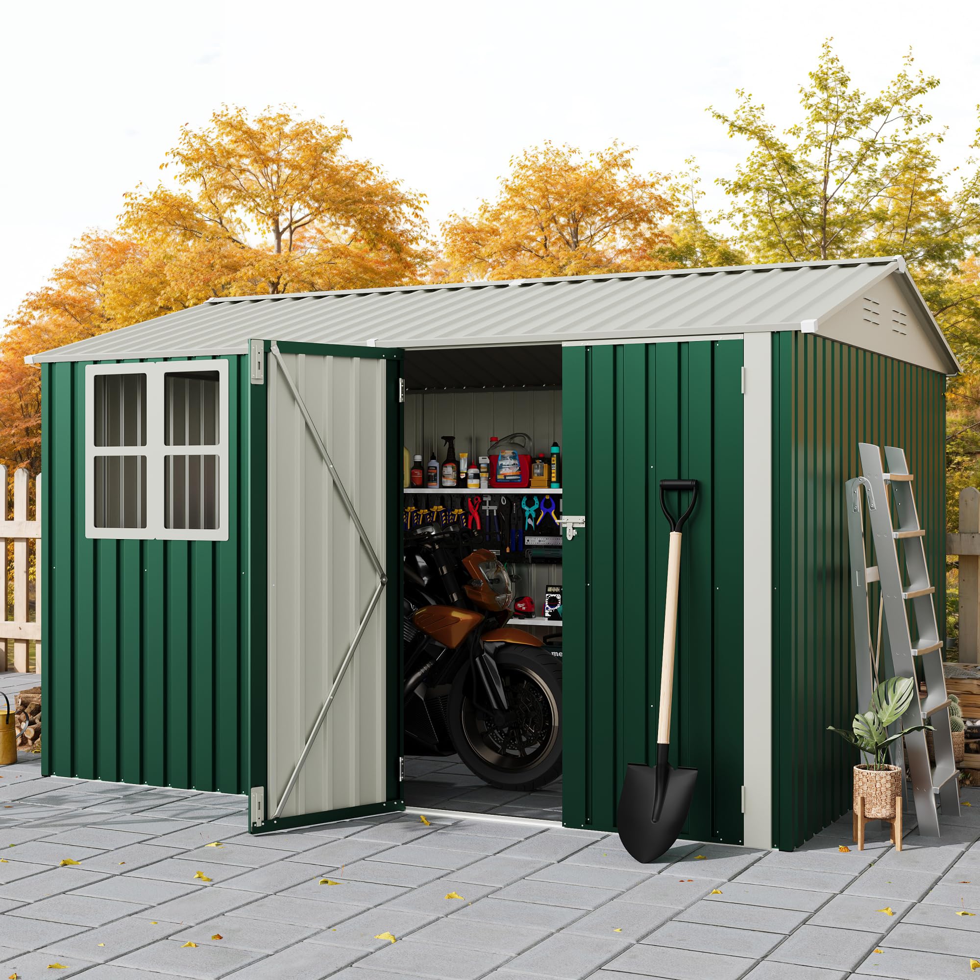Outdoor Storage Shed,450CU.T Metal Tool Shed with Clear Window, Lockable Doors,Large Garden Storage Box with Sloping Roof?Sheds&Outdoor Storage for Backyard Garden Patio Lawn, Green
