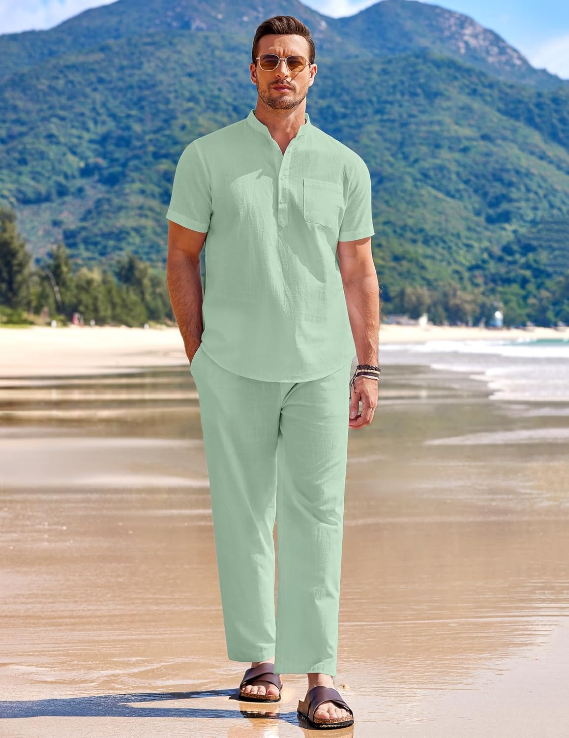 COOFANDY Men's 2 Pieces Cotton Linen Set Casual Short Sleeve Henley Shirts Beach Yoga Pants Summer Outfits - Image 7