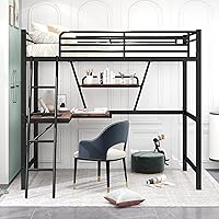 Vista 3 de Cama alta de metal individual con escritorio y estante, cama alta resistente tamaño individual con escaleras, barandilla de seguridad
