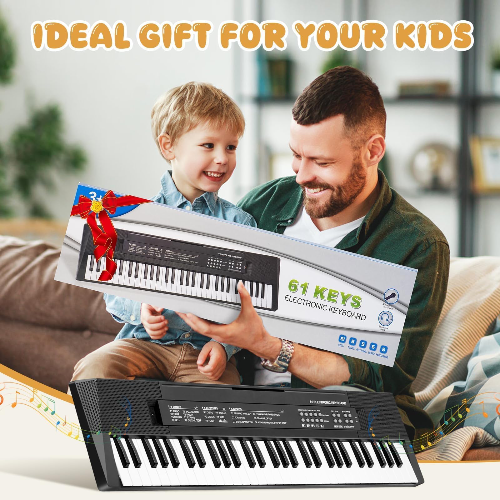 61 Teclas Piano Teclado Infantil con Micrófono - Juguetes Teclados Electrónicos para Edades Musical Regalos para Niños y Niñas de 3 4 5 6 7 Años, Negro