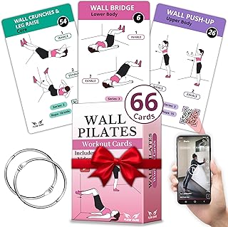 Wall Pilates Workouts for Women – 66 Exercise Cards with Videos & Workout Plan – Includes 5-Week Challenge, E-book, Chart & 2 Rings for Easy Organization – Home Pilates Workout Guide