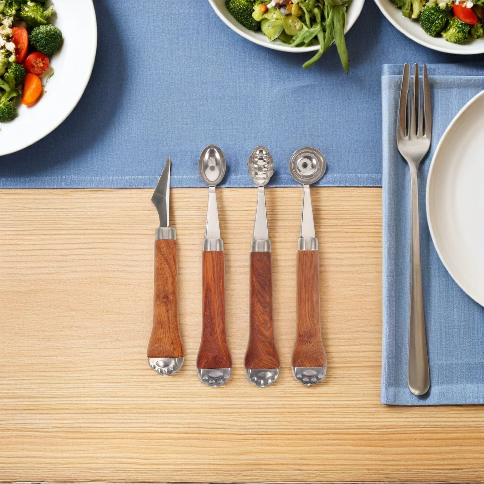 4 Stück Teiliges Melonenkugel-set mit Edelstahl Scoops und Gezacktem Fruchtschneider Ergonomischer Holzgriff Multifunktional für Melonen Obst Eiscreme und Dekoratives Fruchtcarving