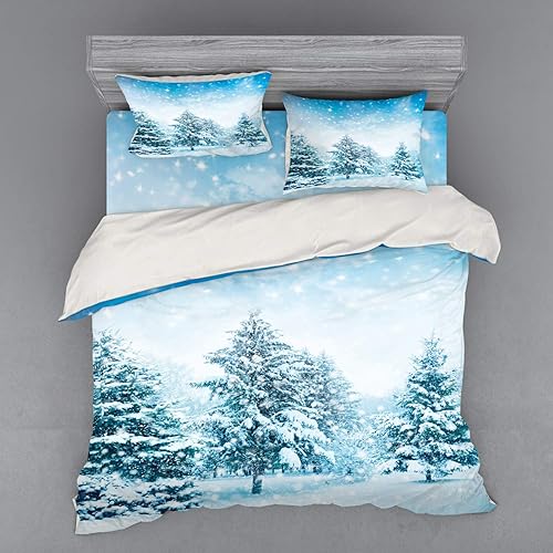 Ambesonne Winter Duvet Cover Set, Snow Covered Fir Trees on Mountainside Blizzard Arctic Woodland Tranquil Outdooors, 4 Piece Bedding Set with Shams