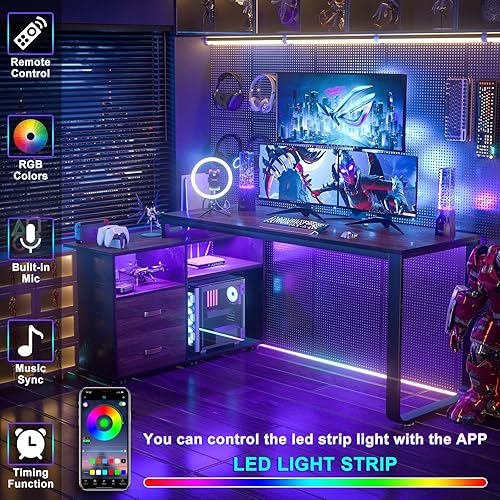 Miniatura 6 de Homieasy Escritorio en forma de L con archivador y toma de corriente, escritorios reversibles de esquina grandes de 55 pulgadas con tira LED,