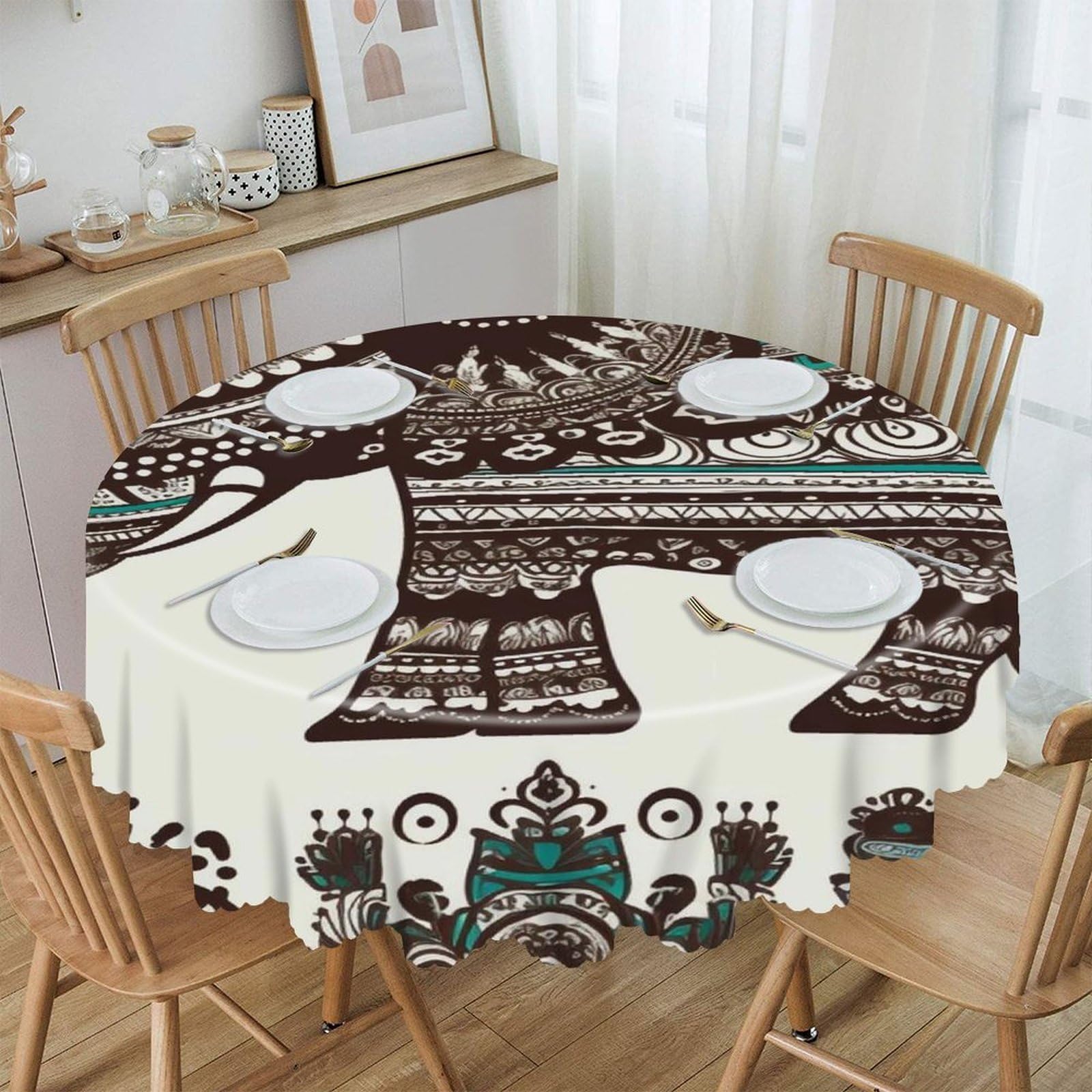 VstaDank 60 Inch Round Bohemian Elephant Pattern Tablecloth Polyester Waterproof Wrinkle Free Table Cloth Spillproof Washable Table Cover Colorful Tablecover Decor for Home Kitchen Dining Party