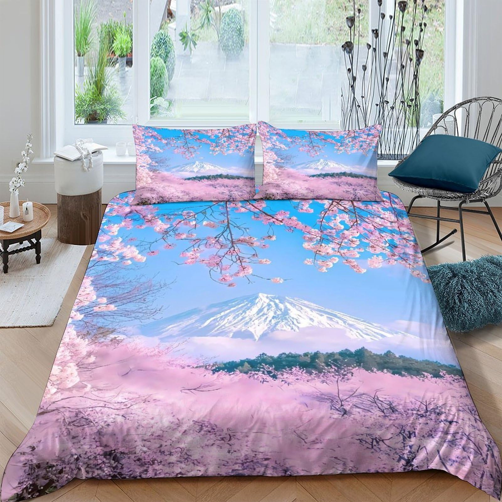 Ctjqhvkz Style-9 3D Printed Cherry Blossom Mount Fuji Fitted Sheet Microfiber Soft Bed Cover Bedroom Decor Mattress Protection Single（135X200cm）