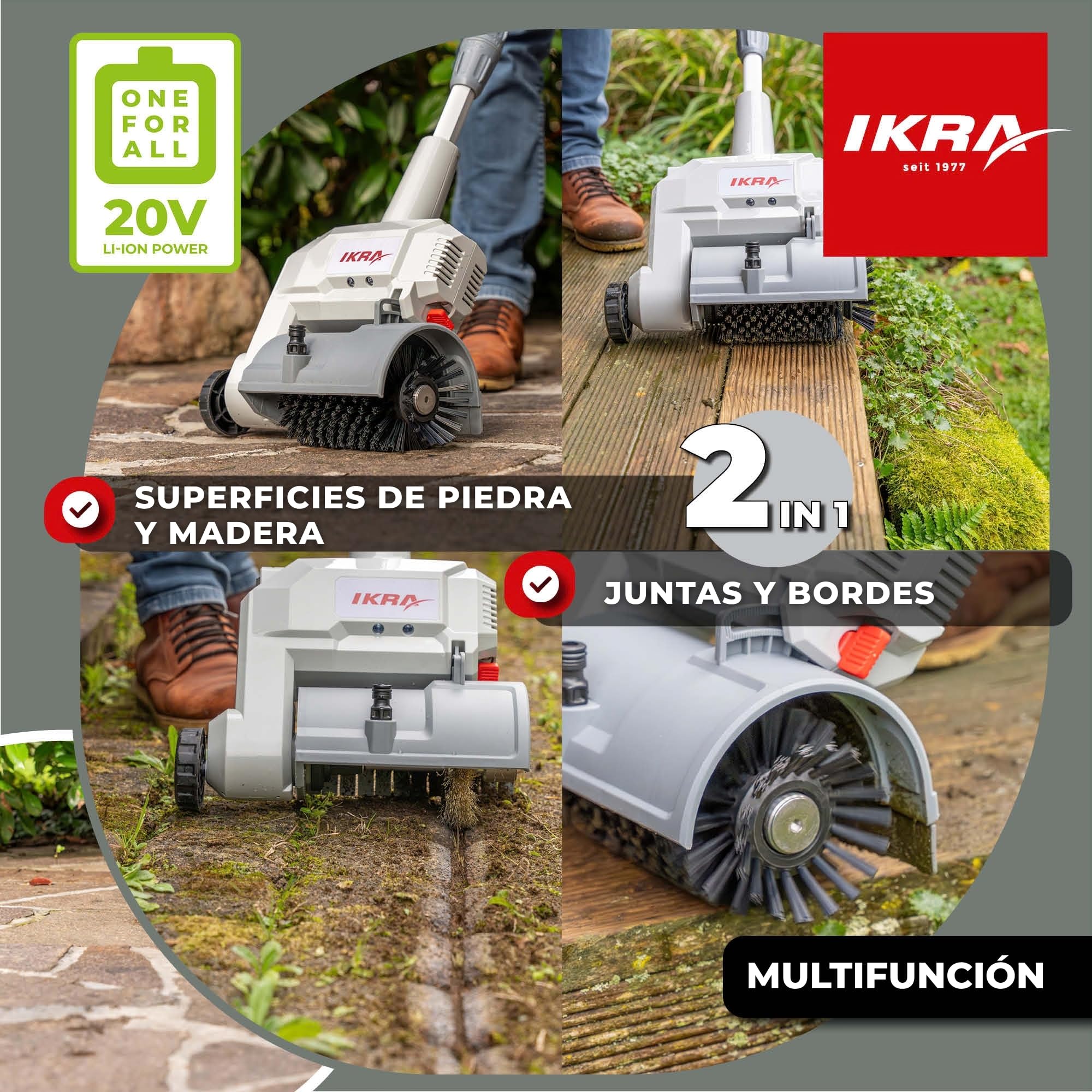 IKRA limpiador de superficies y juntas a batería Vario Brush IATR 20 | Incluye cepillo de nylon para superficies, cepillo de acero para juntas, incl. batería y cargador, gama de baterías de 20V