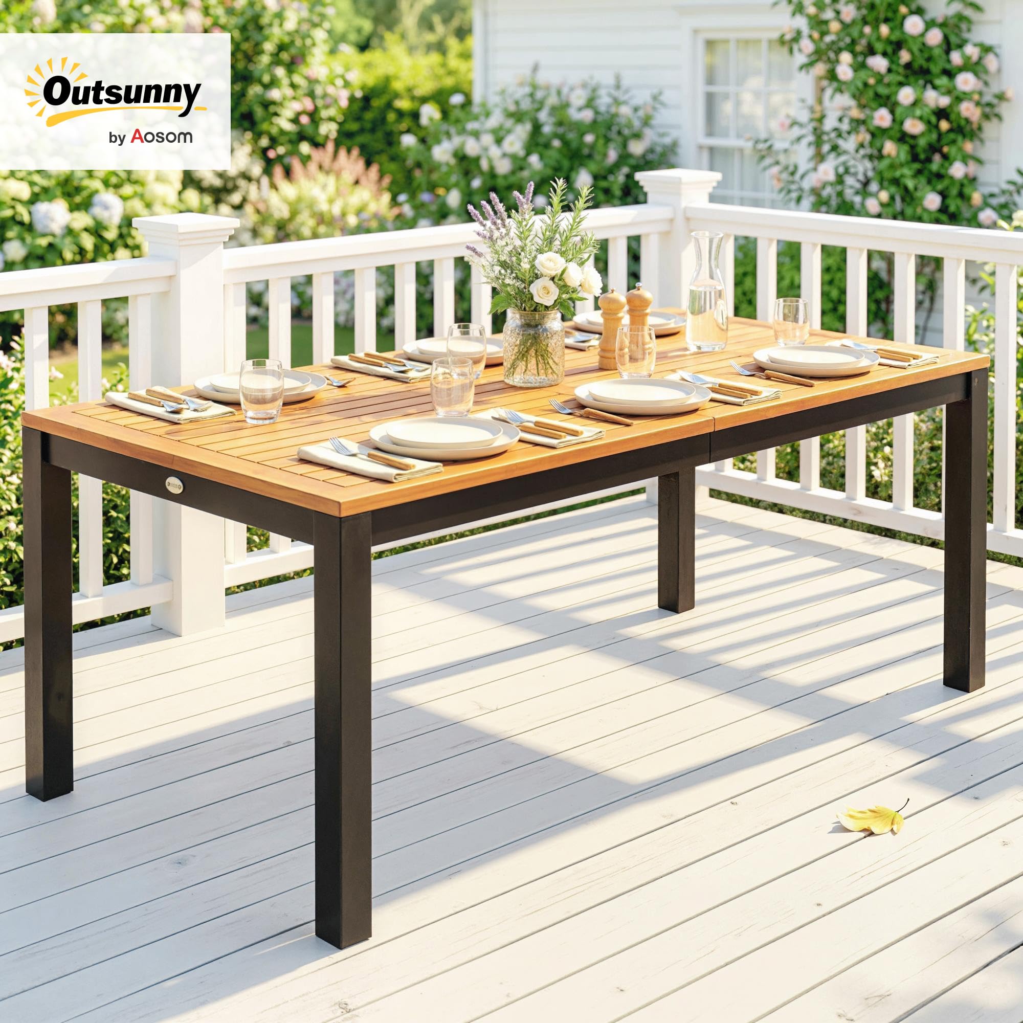 Outsunny Mesa de Comedor de Jardín de Madera de Acacia, Mesa de Terraza Exterior Rectangular 150x75x75 cm con Tablero de Listones, Orificio Sombrilla para 6 Personas, Carga 80 kg, para Patio, Natural