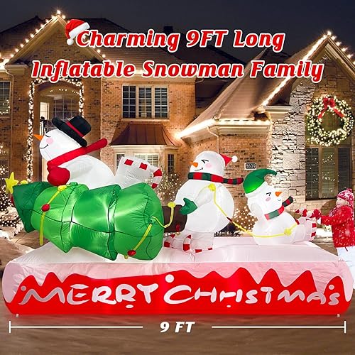 Miniatura 2 de MICOCAH Muñeco de nieve inflable de Navidad de 9 pies de largo que transporta un árbol de Navidad, decoraciones al aire libre, luces LED integradas,